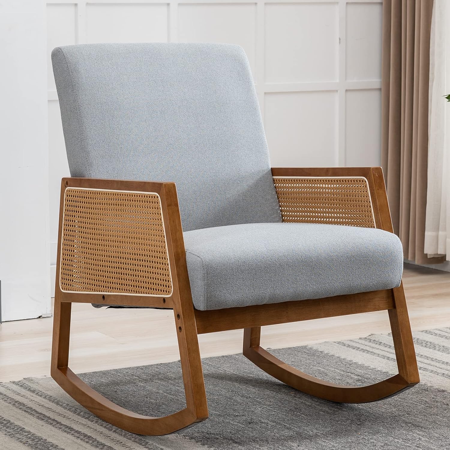 Nursery Rocking Chair with Wood Frames, Mid Century Upholstered Farmhouse Living Room Armchair, Comfy Glider Rocker for Nursery Living Room Bedroom Reading Indoor (Light Grey)