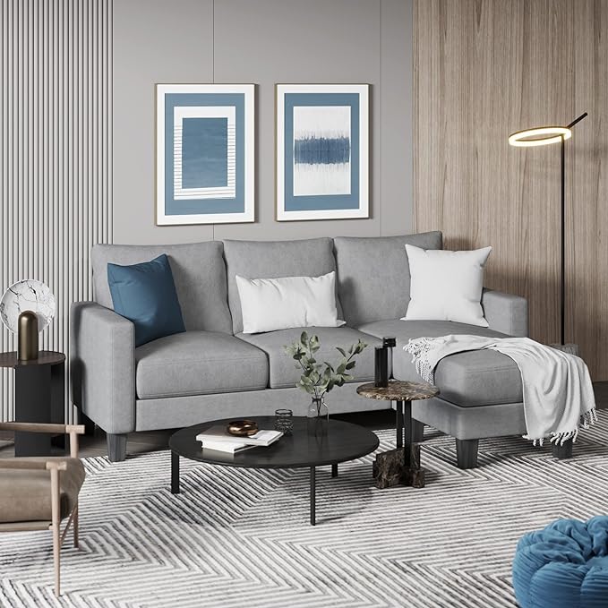 Convertible Sectional 3 L-Shaped Couch Soft Seat with Modern Linen Fabric, Small Space Sofas for Living Room, Apartment and Office, 70'', Gray