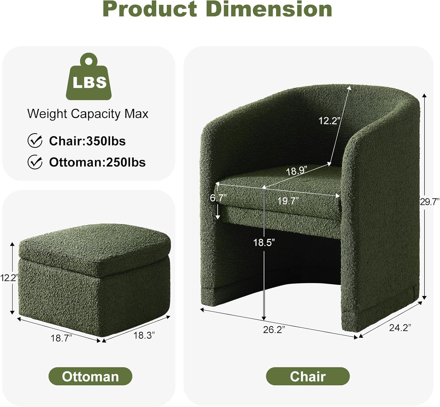Green Accent Chair with Storage Ottoman, Upholstered Barrel Arm Chair with Footrest, Modern Living Room Side Chair for Bedroom/Office/Small Space