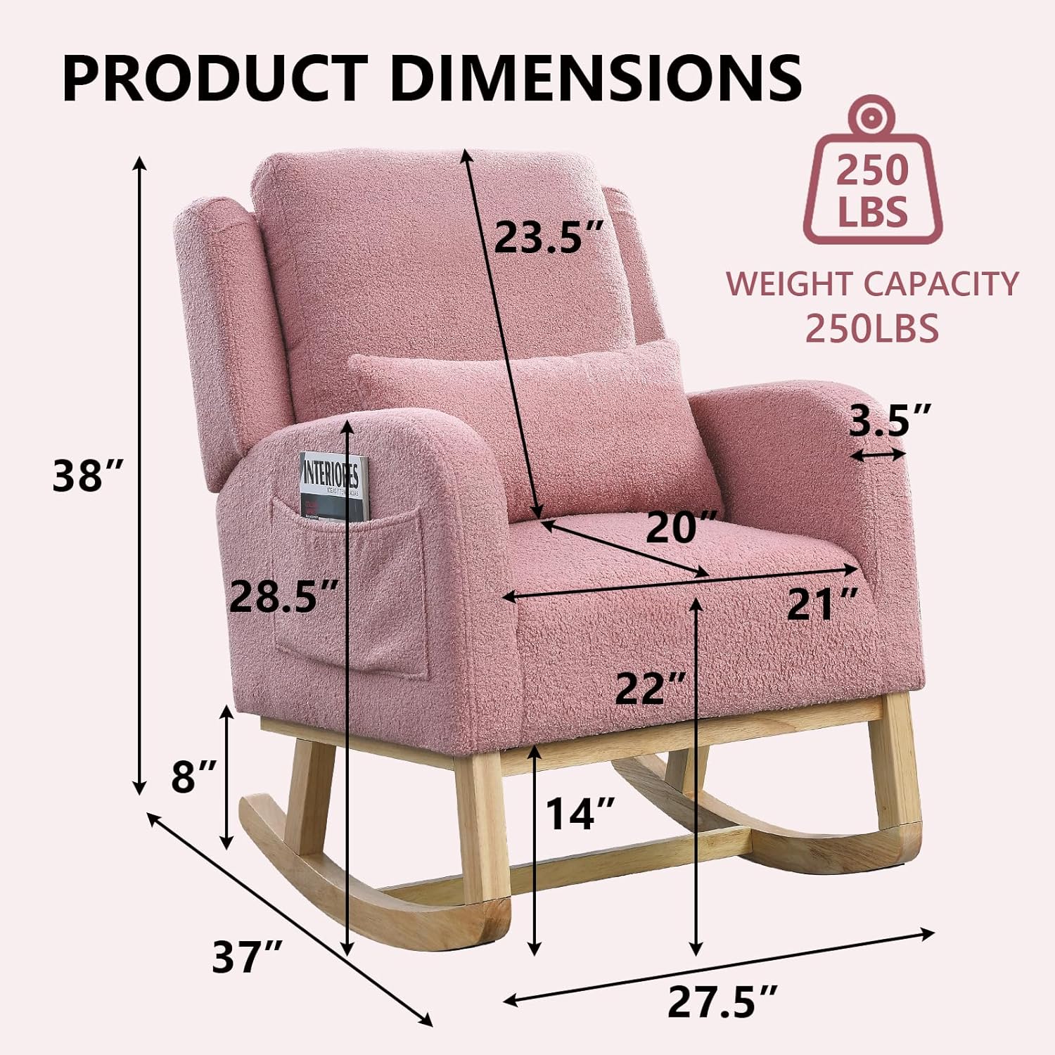 Nursery Rocking Chair, Modern High Back Armchair with Side Pockets, Glider Rocker with Padded Seat, Lumbar Pillow and Wood Base, Accent Chair for Living Room, Bedroom (Pink Teddy)