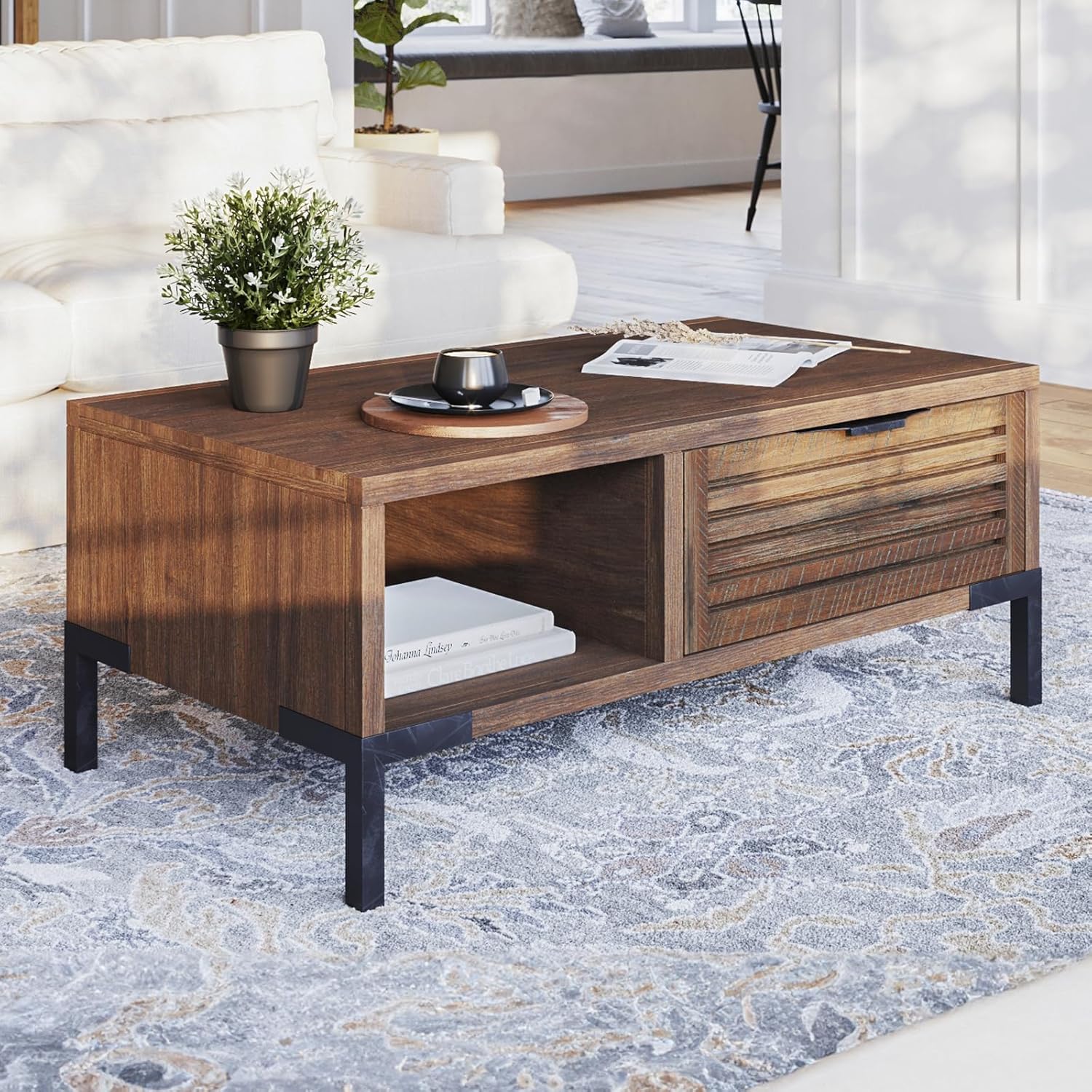 Solid Wood Coffee Tables, Industrial Modern Living Room Center Desk with 2 Storage Drawers