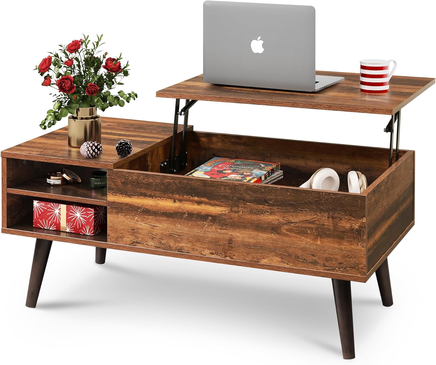 Wood Lift Top Coffee Table with Hidden Compartment and Adjustable Storage Shelf 19.69"D x 39.37"W x 16.93"H