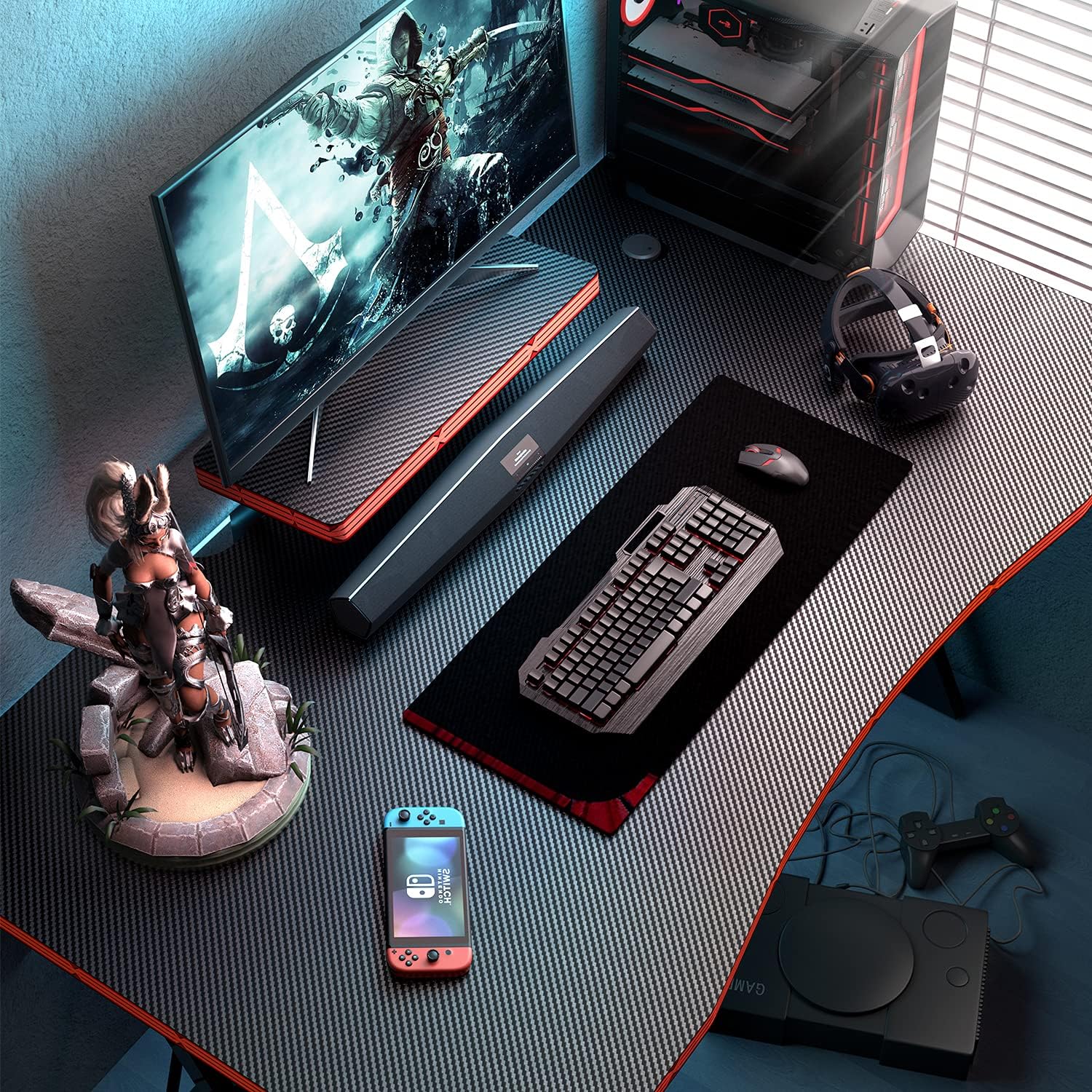 47 inch Gaming Desk PC Computer Table Racing Style Home Office Desk Z Shaped Carbon Fiber Desktop Gamer Workstation with Monitor Stand Cup Holder and Headphone Hook