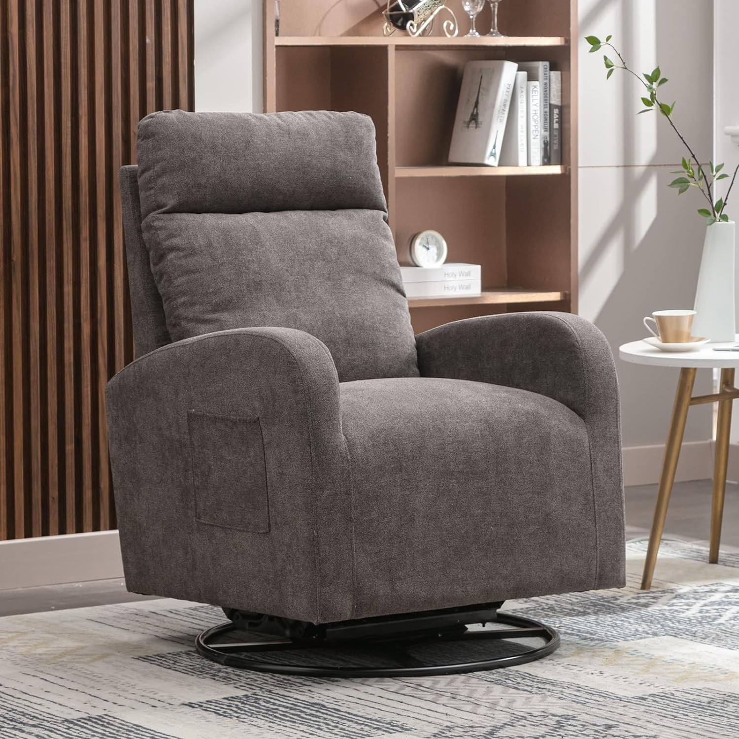 Upholstered Recliner and Swivel Glider, Rocker for Nursery, Rocking Accent Chair Padded Seat with High Backrest and Side Pocket for Living Room (Dark Grey)
