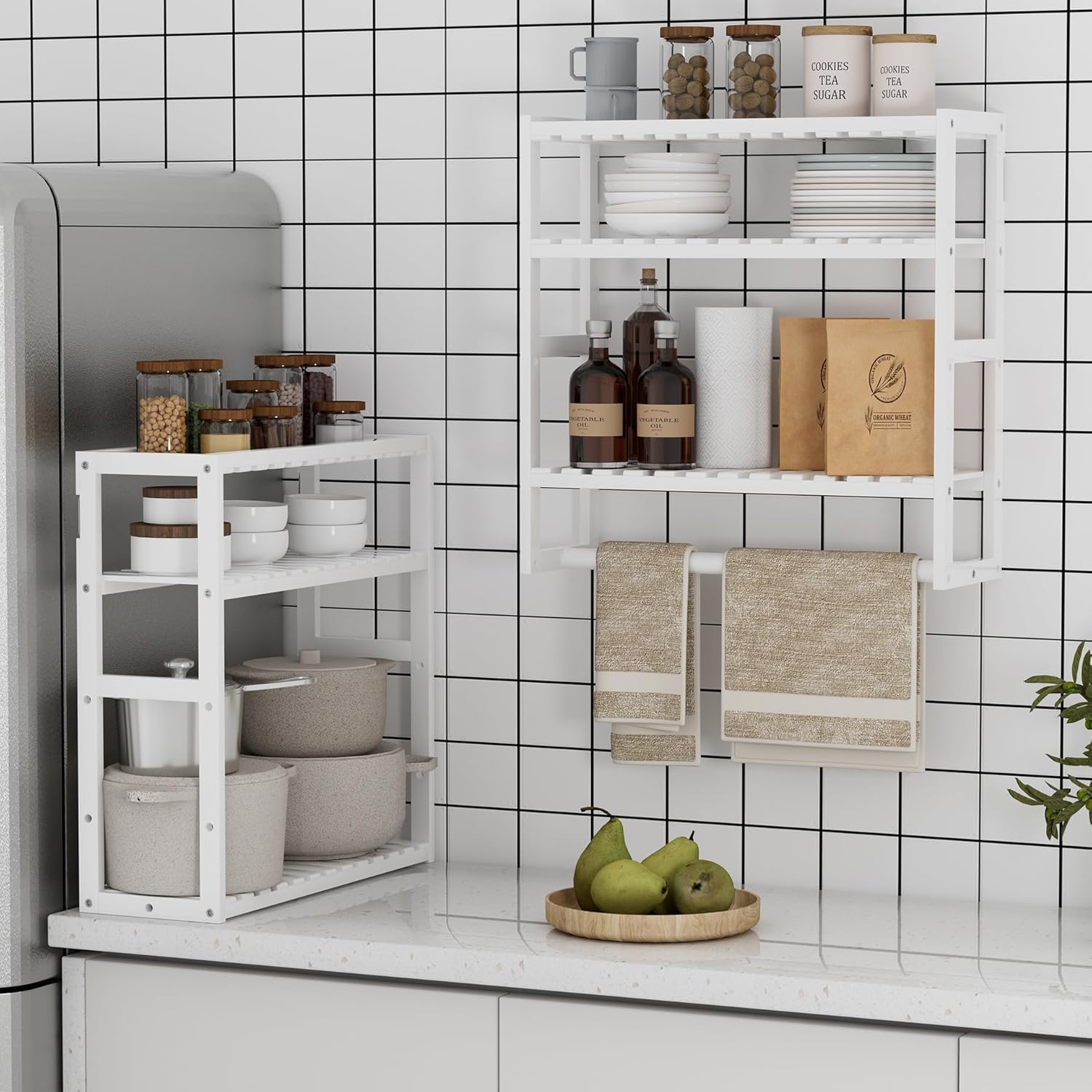 Towel Rack Bathroom Storage Shelves Over The Toilet with Towel Bar 100% Bamboo Adjustable Height Floating Shelf