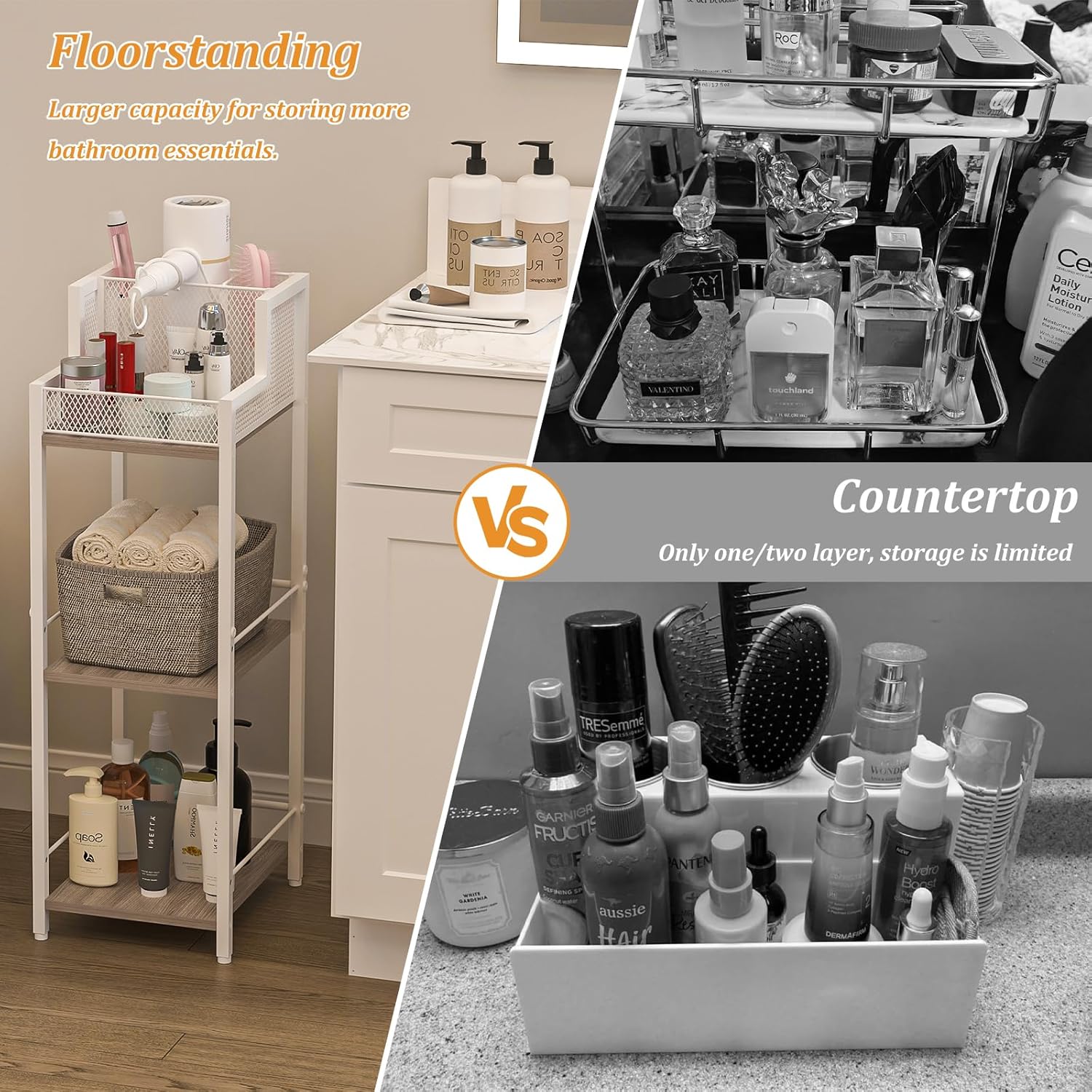 Hair Tool Organizer Bathroom Storage Shelf 3-Tier Hair Dryer Holder with 3 Grids - Makeup Organizer Slim Floor Stand