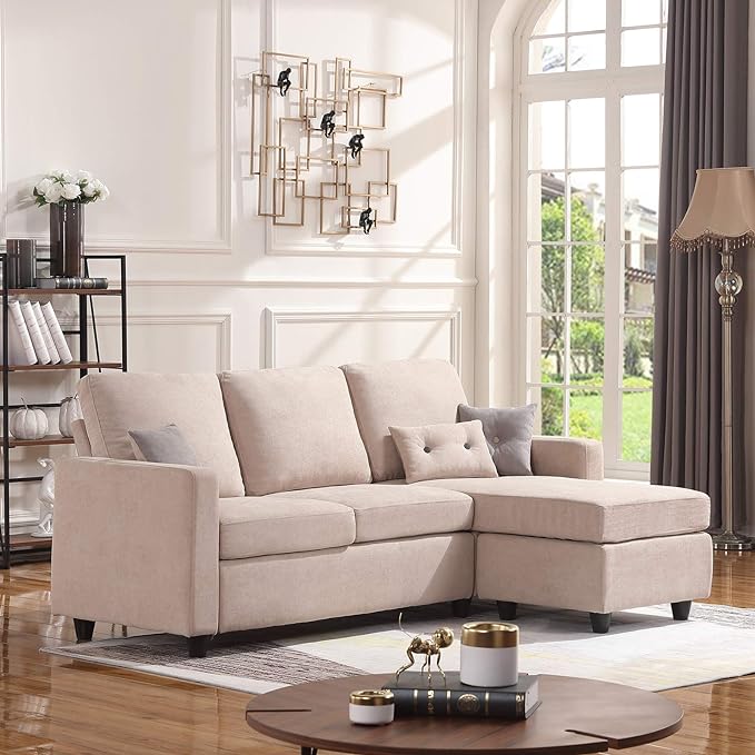 L Shaped Couch with Linen Fabric, Convertible, Reversible Sectional Sofa for Small Space, Dark Beige