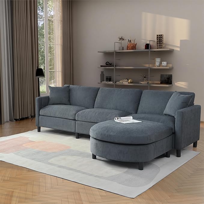 107.87'' Sectional Sofa Couch with Curved Convertible Ottoman for Living Room