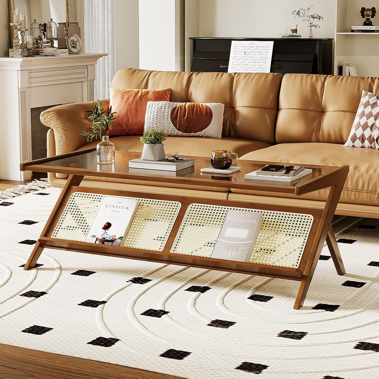 Mid-Century Modern Coffee Table with Glass Top Rattan Center Table