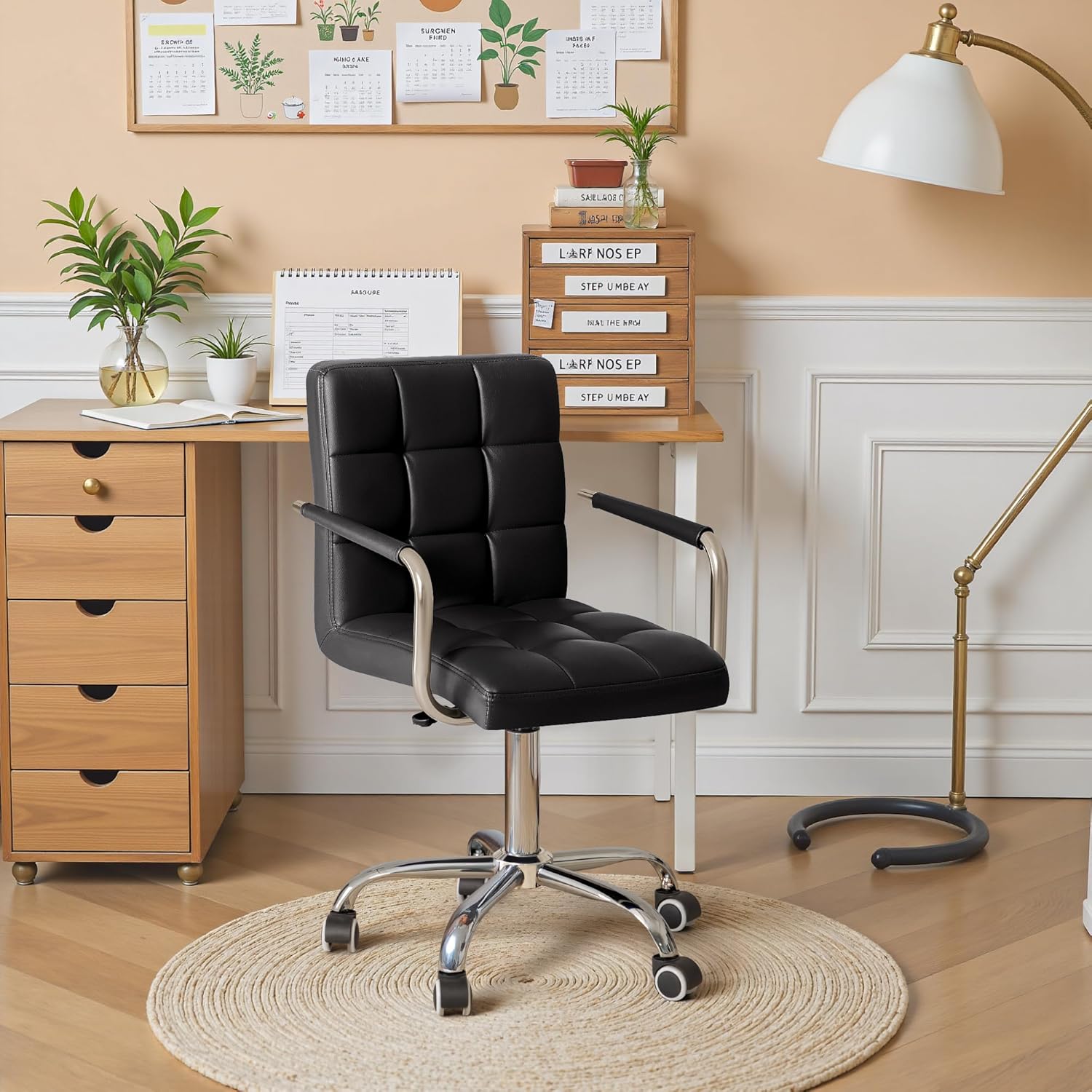 Mid-Back Office Task Chair Ribbed PU Leather Executive Chair Modern Adjustable Home Desk Retro Comfortable Work Chair 360 Degree Swivel with Arms