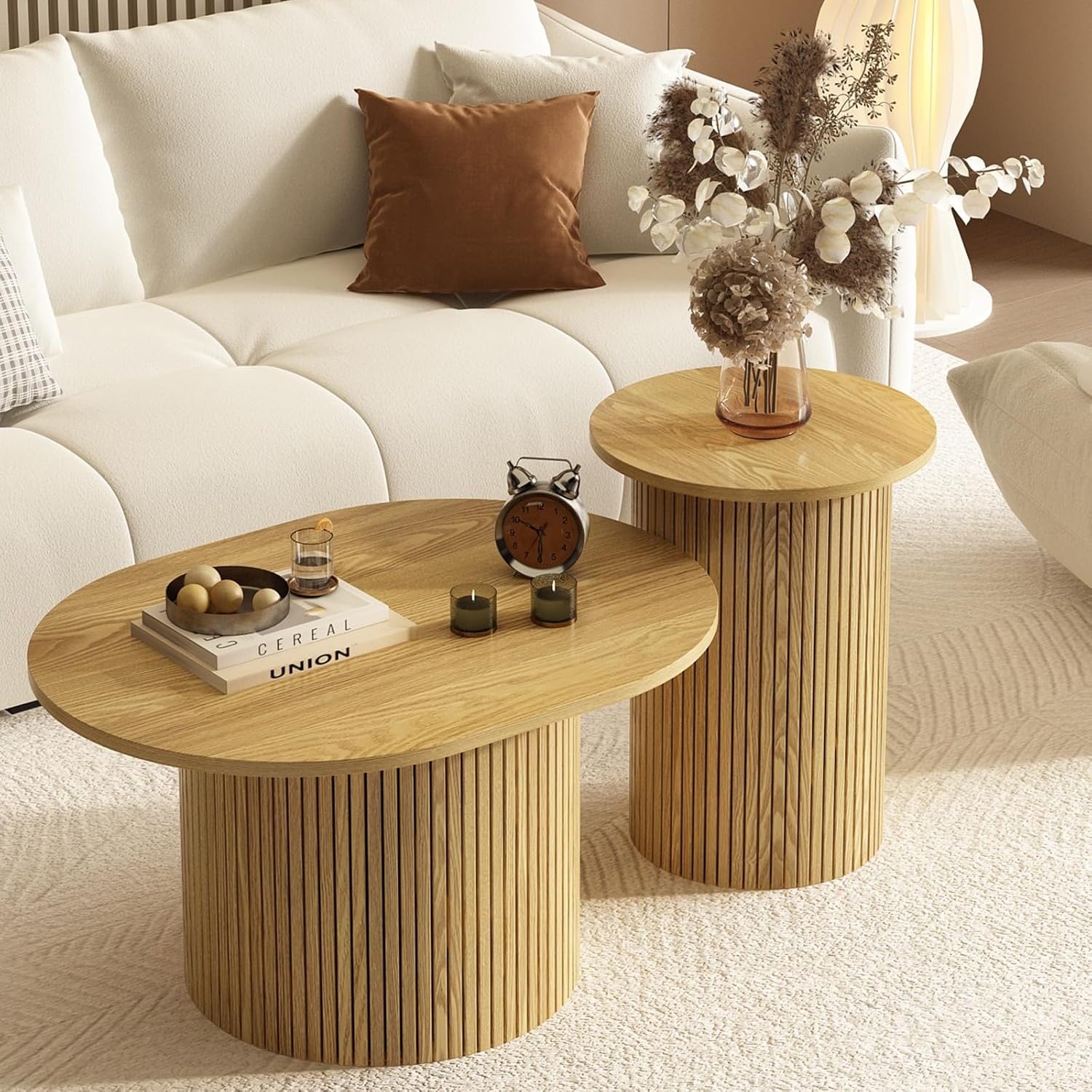 Farmhouse Nesting Coffee Tables Set of 2, Circle Fluted Wood Side and End Table Sets for Living Room