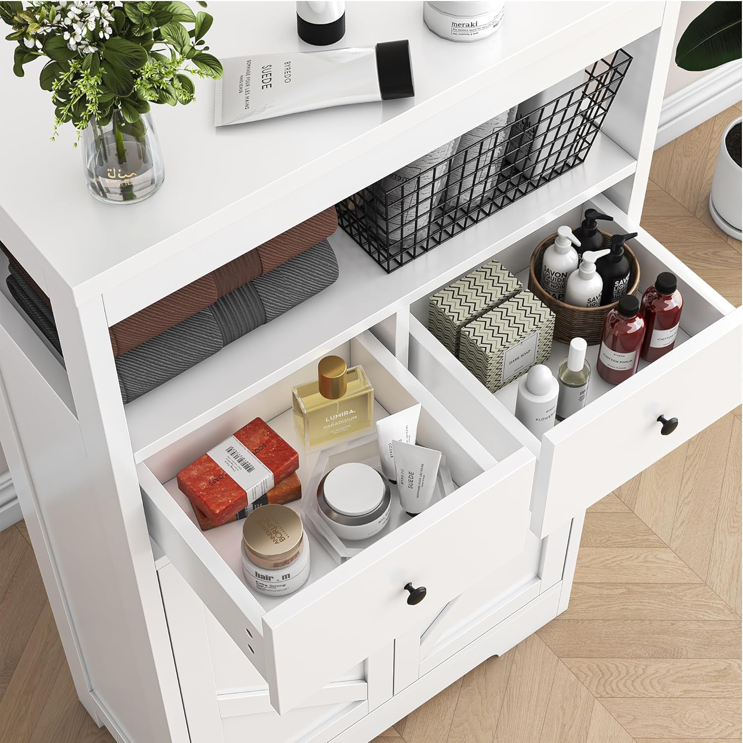 Farmhouse Storage Cabinet, Bathroom Storage Cabinet with 2 Drawers & Adjustable Shelves