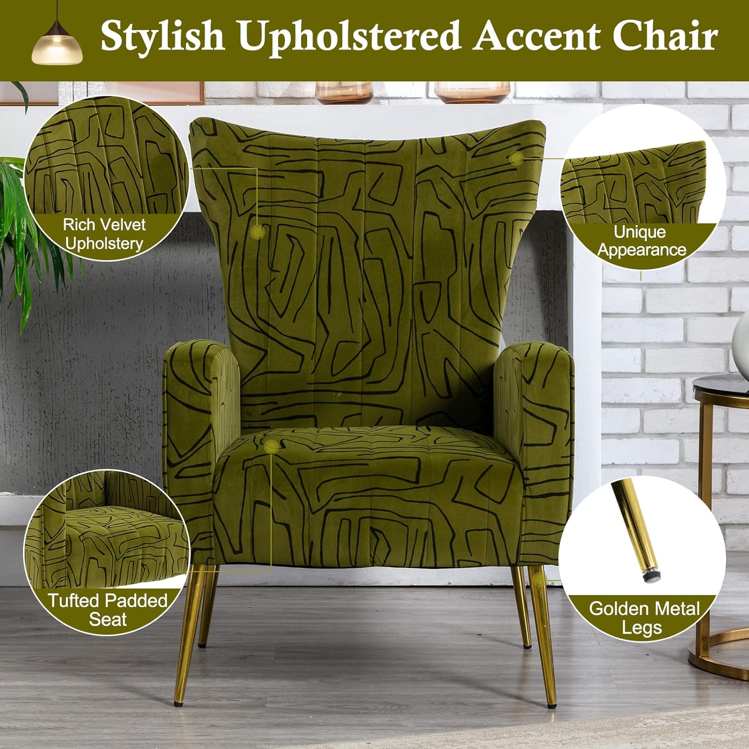 Velvet Accent Chair with Metal Gold Legs Upholstered Wingback Armchair Side Lounge Chair Leisure Single Sofa Arm Club Reading Chair for Living Room Bedroom Office (Olive)