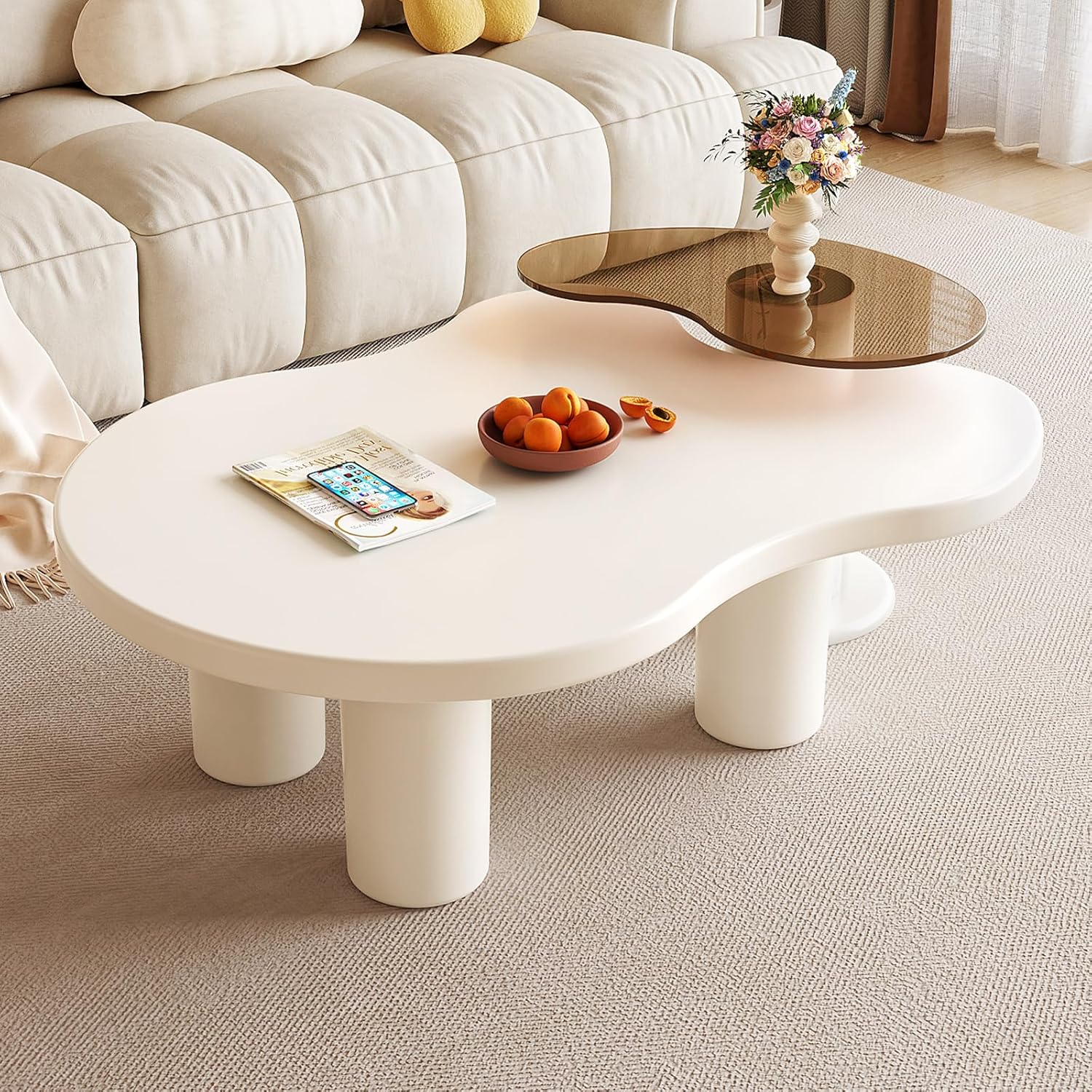 40.94" Modern Nesting Coffee Tables Set of 2, 2 in 1 Irregular Coffee Table, with Glass Top End Table for Living Room