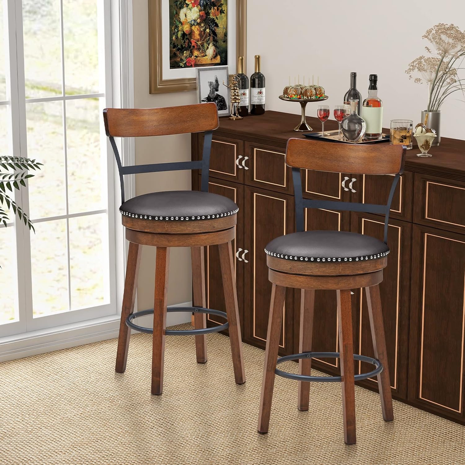Bar Stools Set of 2-25.5" Counter Height Swivel Rubber Wood Barstools with Soft Padded Seat Cushions, Footrests, Easy Assembly Armless Farmhouse Kitchen Island Bar Chairs with Back, Brown