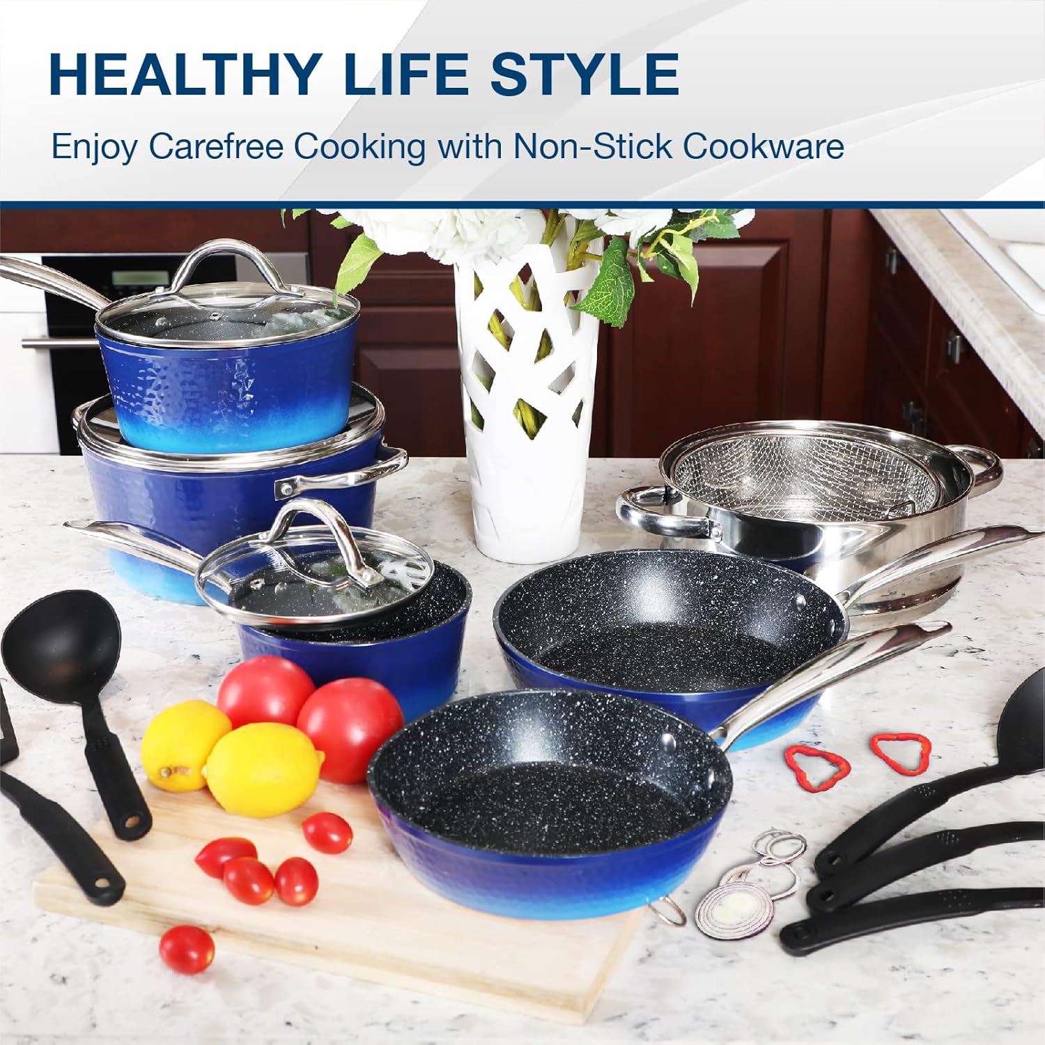 Kitchen Cookware Sets - 15 Piece Nonstick Pots and Pans Sets with Granite Hammered for Induction & Dishwasher Safe, Oven, Stovetop, Blue