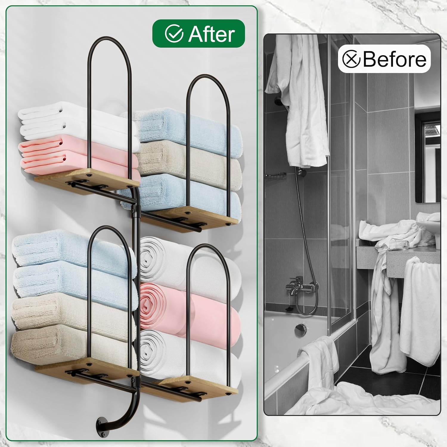 Towel Rack for Bathroom, Large Capacity Towel Holder for Bathroom Wall, Sturdy Wood for Rolled & Folded Towels