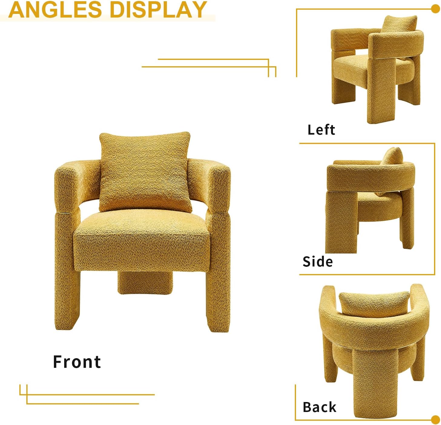 Boucle Fabric Accent Chair, Modern Upholstered Armchair with Open Back, Single Sofa Chair with Lumbar Pillow, Cozy Reading Chair for Living Room (Yellow)