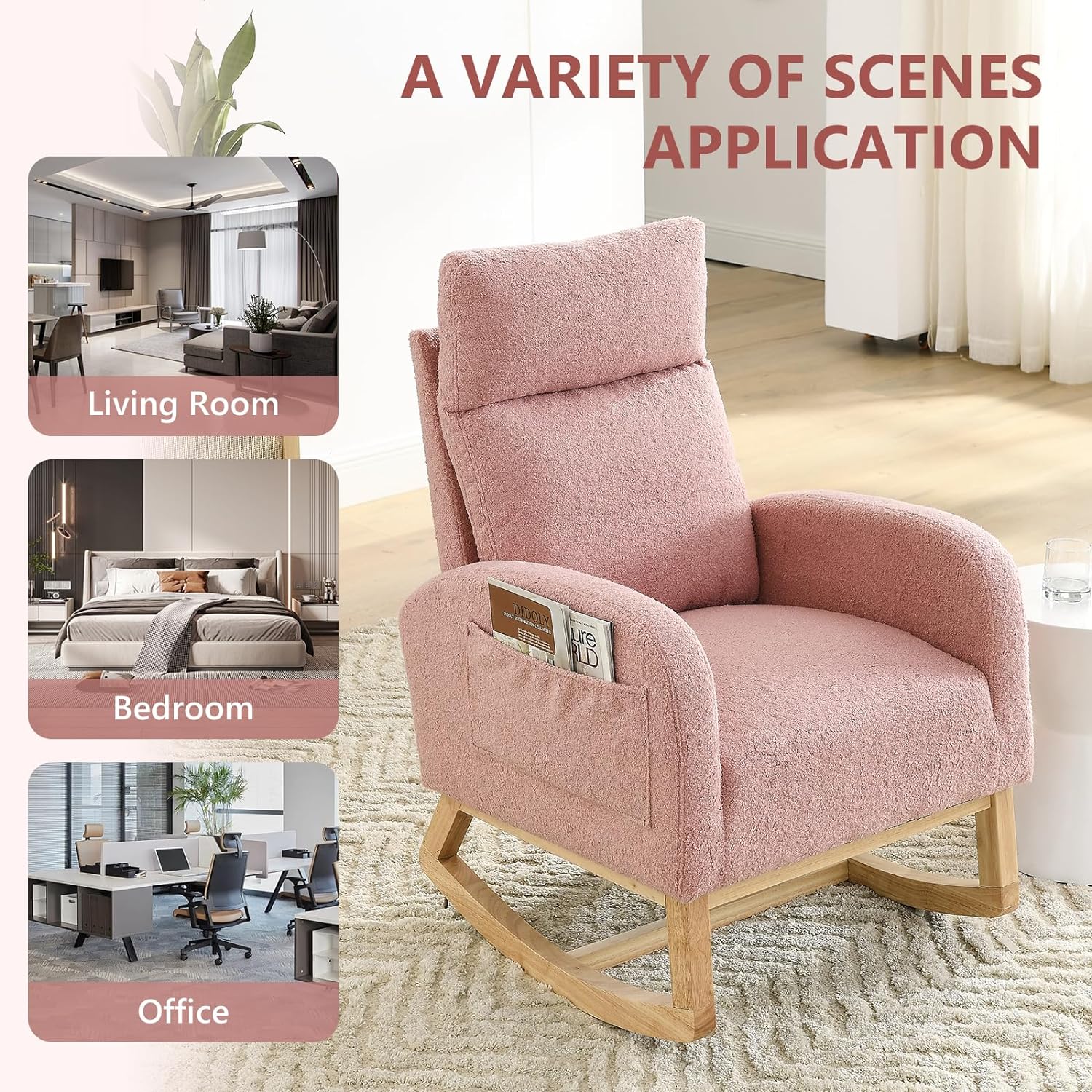 Modern Nursery Rocking Chair, Teddy Upholstered Glider Chair with High Back and Side Pocket, Comfy Accent Armchair with Wood Legs, Recliner Chair for Living Room (Pink)