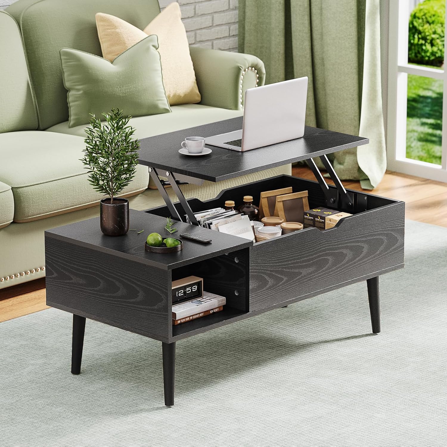 Wood Lift Top Coffee Table with Hidden Compartment and Large Storage Shelf