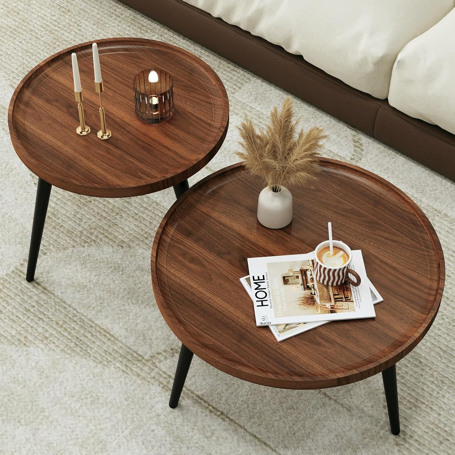 2 Pcs Mid Century Modern Round Coffee Tables for Living Room,Easy Assembly Nesting Coffee Tables