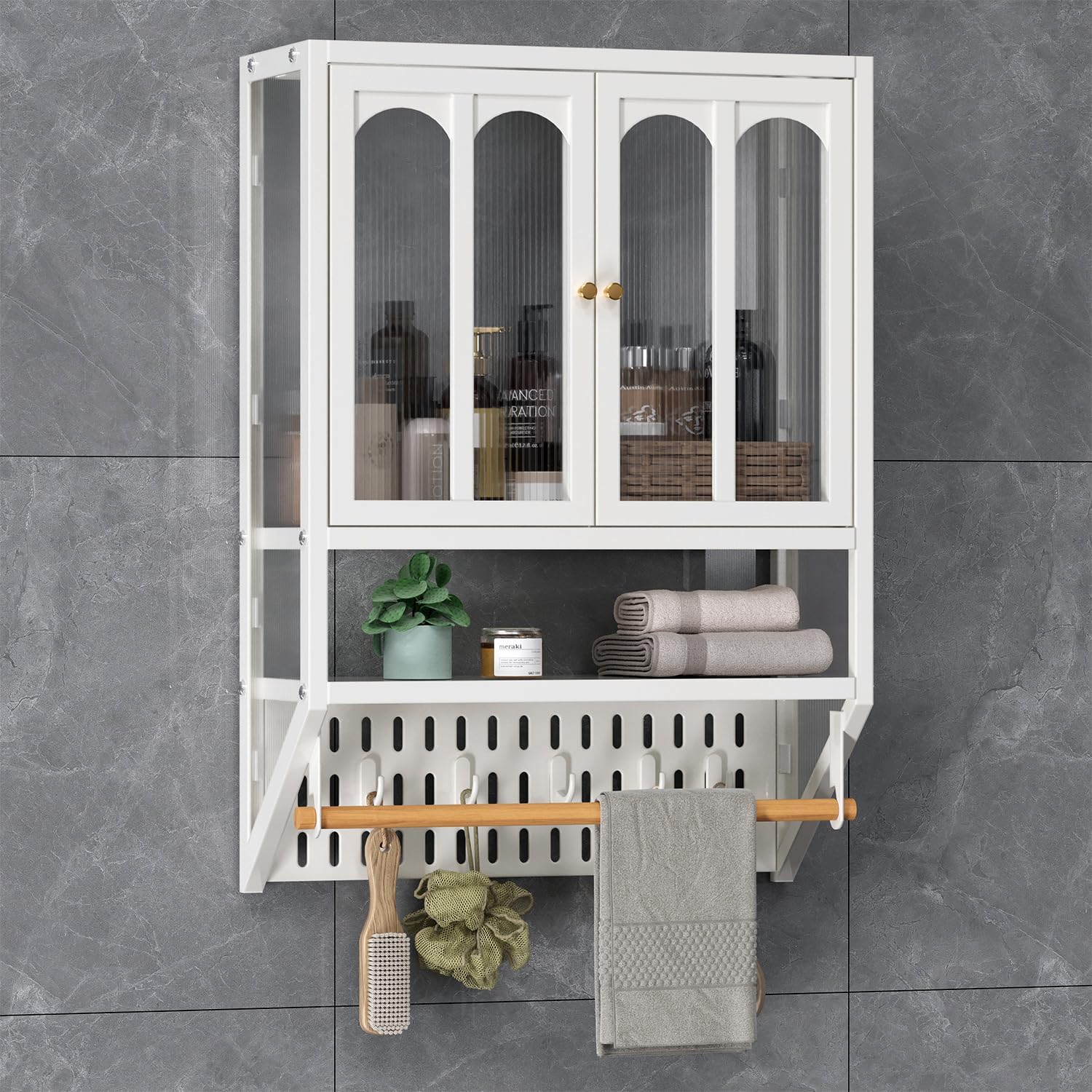 Metal Bathroom Wall Cabinet with Towel Bar & Hooks, Medicine Cabinet for Bathroom, Modern Industrial Wall Cabinet