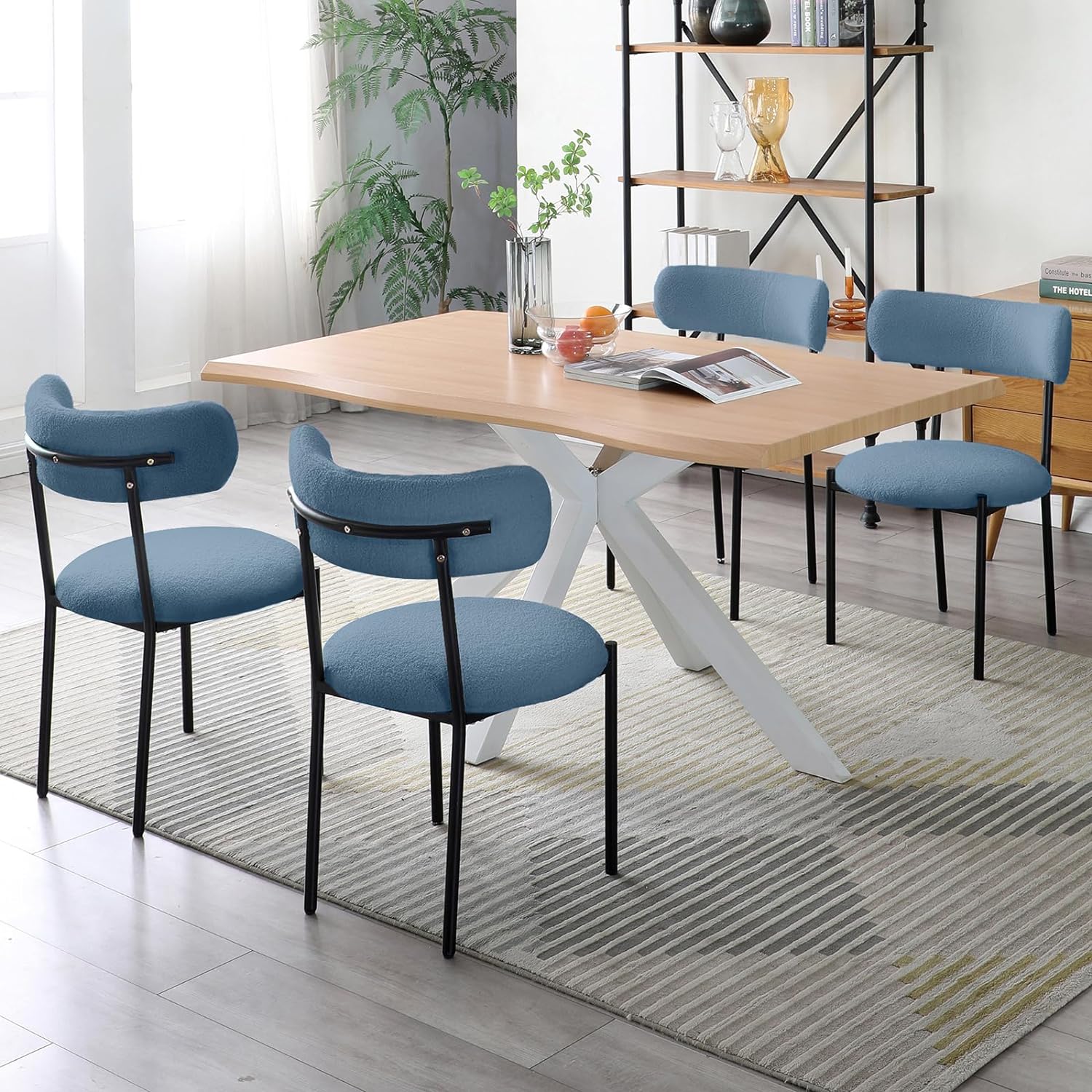 Modern Dining Chairs Set of 4, Boucle Upholstered Chair with Open Back, Side Chair with Metal Legs, Lounge Chair with Round Cushion, Accent Chair for Dining Room (Set of 4, Light Blue)