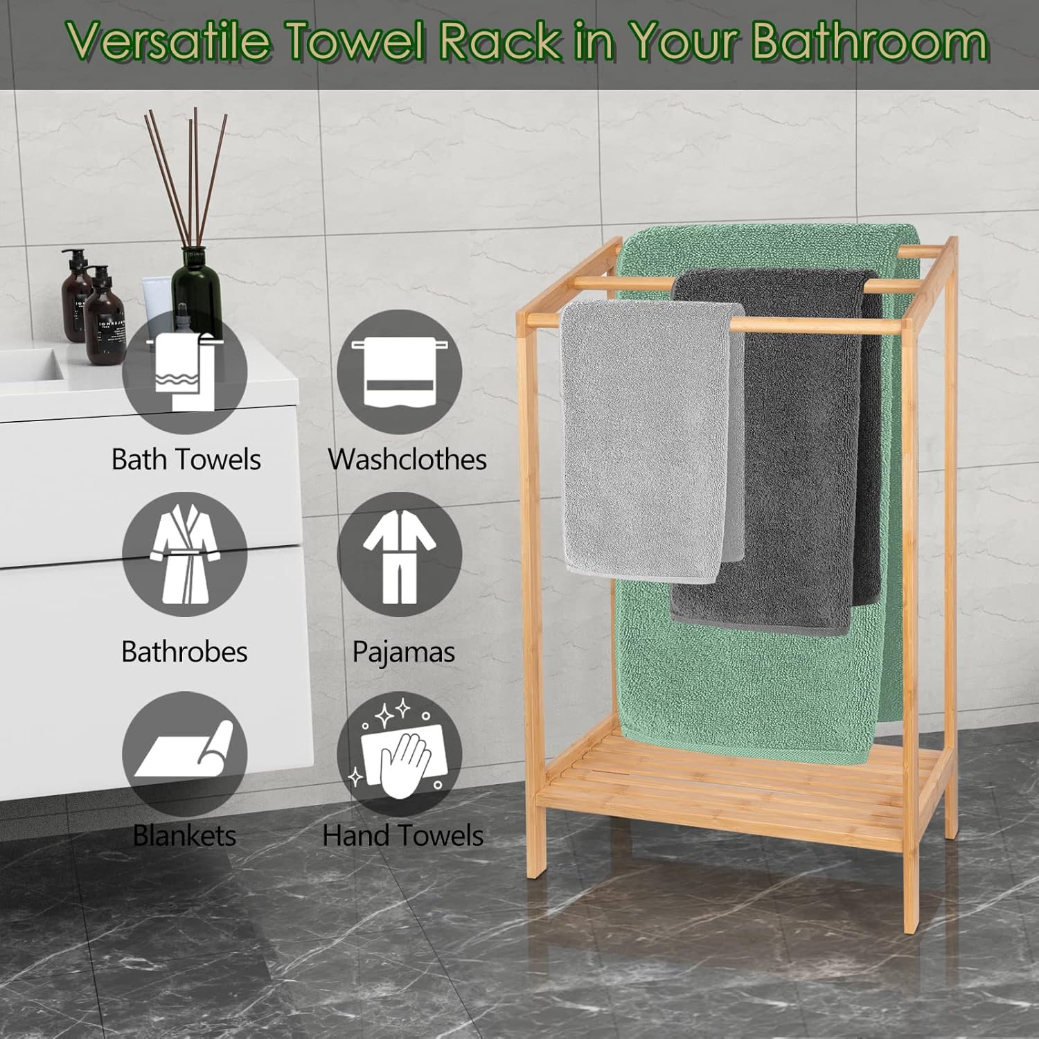 Bamboo Towel Rack for Bathroom, 3 Tier Freestanding Towel Holders with Bottom Storage Shelf for Hand Towel