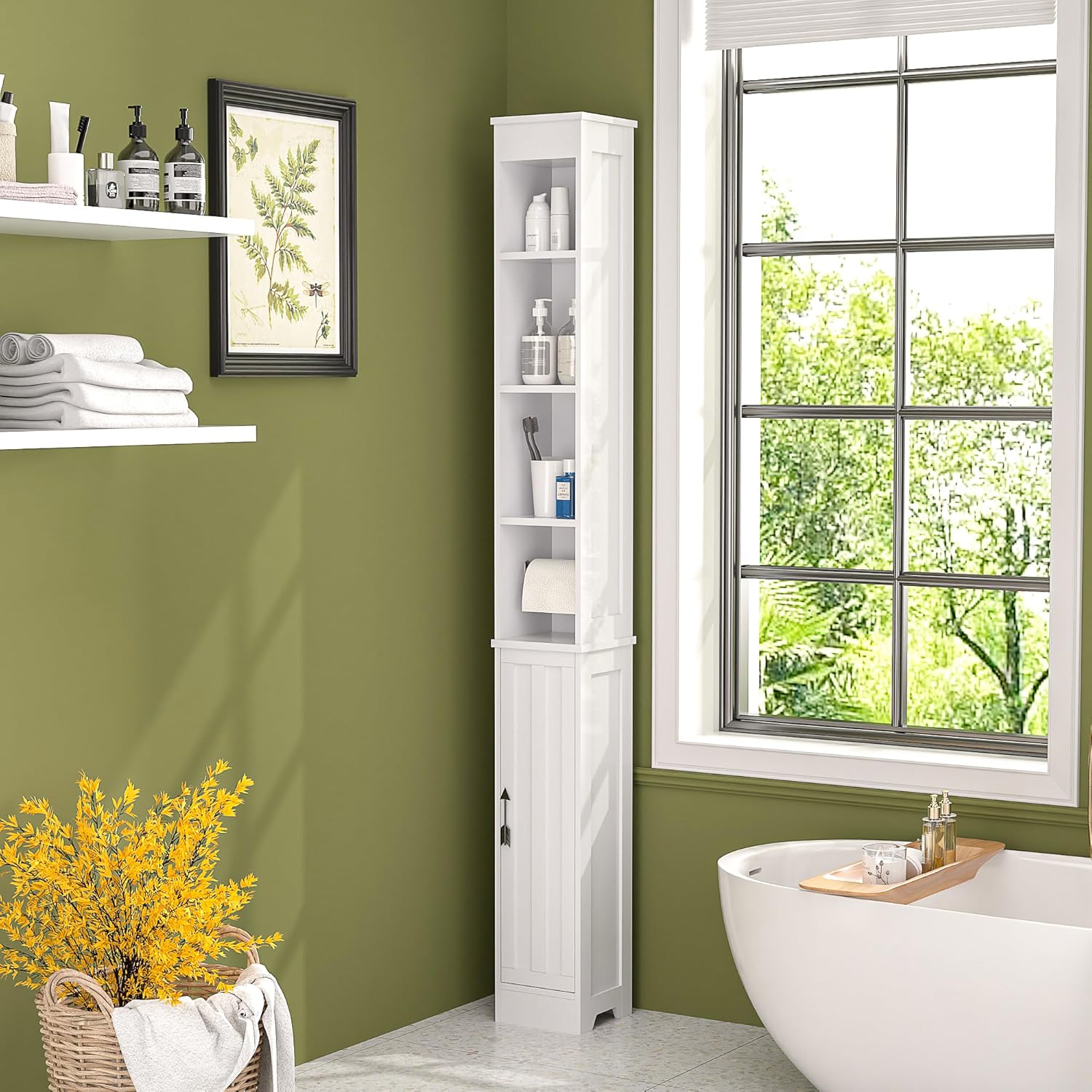 Bathroom Tall Cabinet with Adjustable Shelves, Slim Storage Cabinet with Toilet Paper Scroll