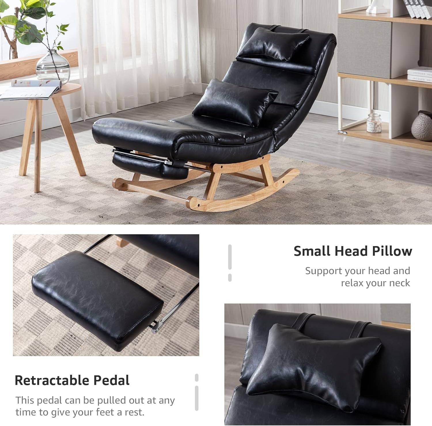 Modern Rocking Lounge Chair, Upholstered Glider Chair for Nursery, Accent Rocker Chair with Large Back & Pull Out Pedal, Lie or Sleep Lazy Chair for Living Room, Bedroom (Black PU)