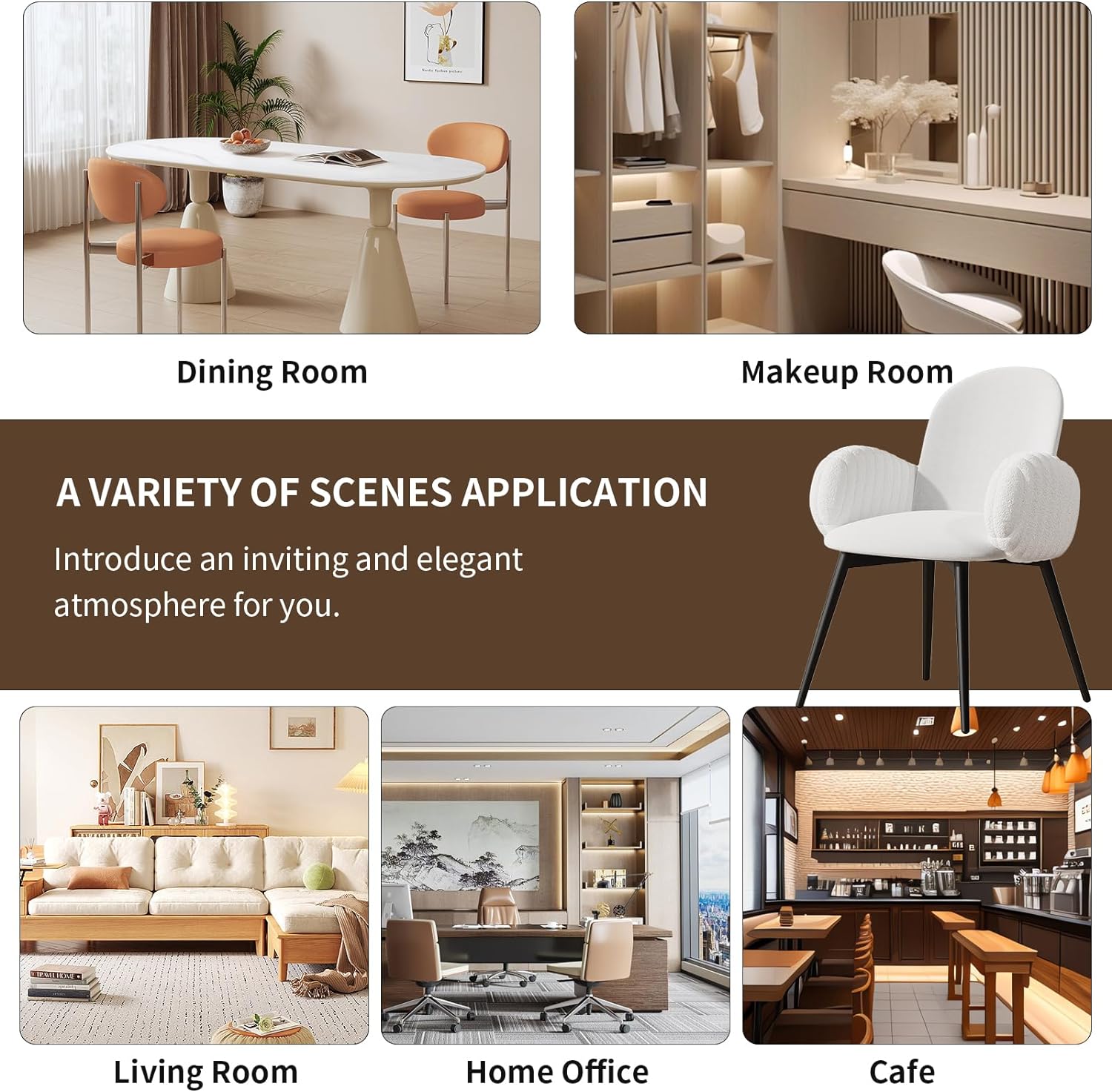 Modern Dining Chairs Set of 2, Chenille and Faux Fur Upholstered Accent Chairs with Tufted Armrest, Side Chair with Metal Legs, Armchairs for Dining Room, Makeup Room (Set of 2)