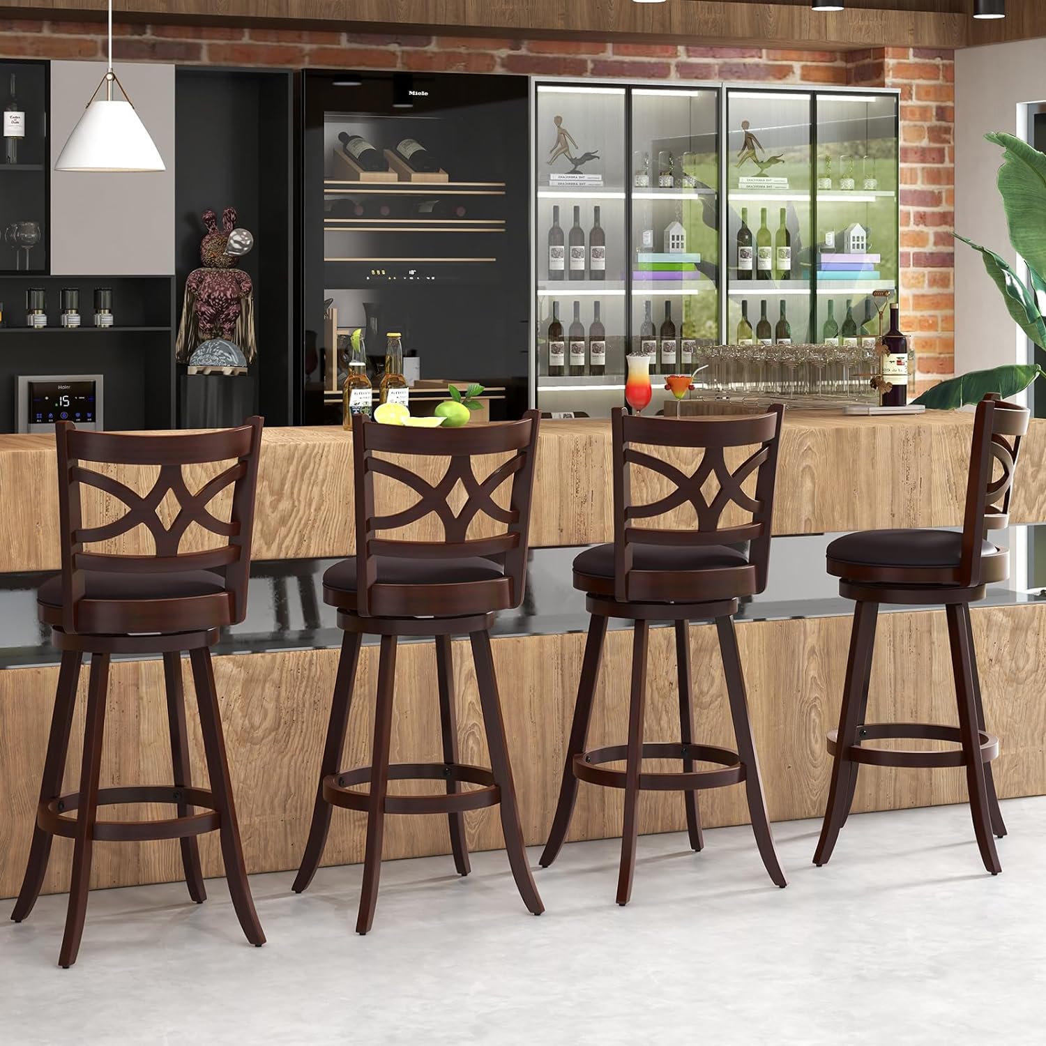 Swivel Bar Stools Set of 2, 30" Bar Height Wooden Stools with Padded Seat, Farmhouse Bar Dining Chairs with Rubber Wood Frame, Upholstered Armless Barstools for Kitchen Island Home Bar