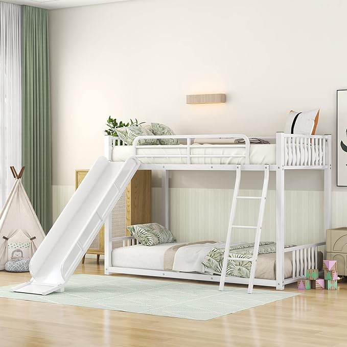 Metal Bunk Beds with Slide Twin Over Twin Low Bunk Bed with Ladder and Slide Buffer for Kids Toddlers Boys Girls Teens, White