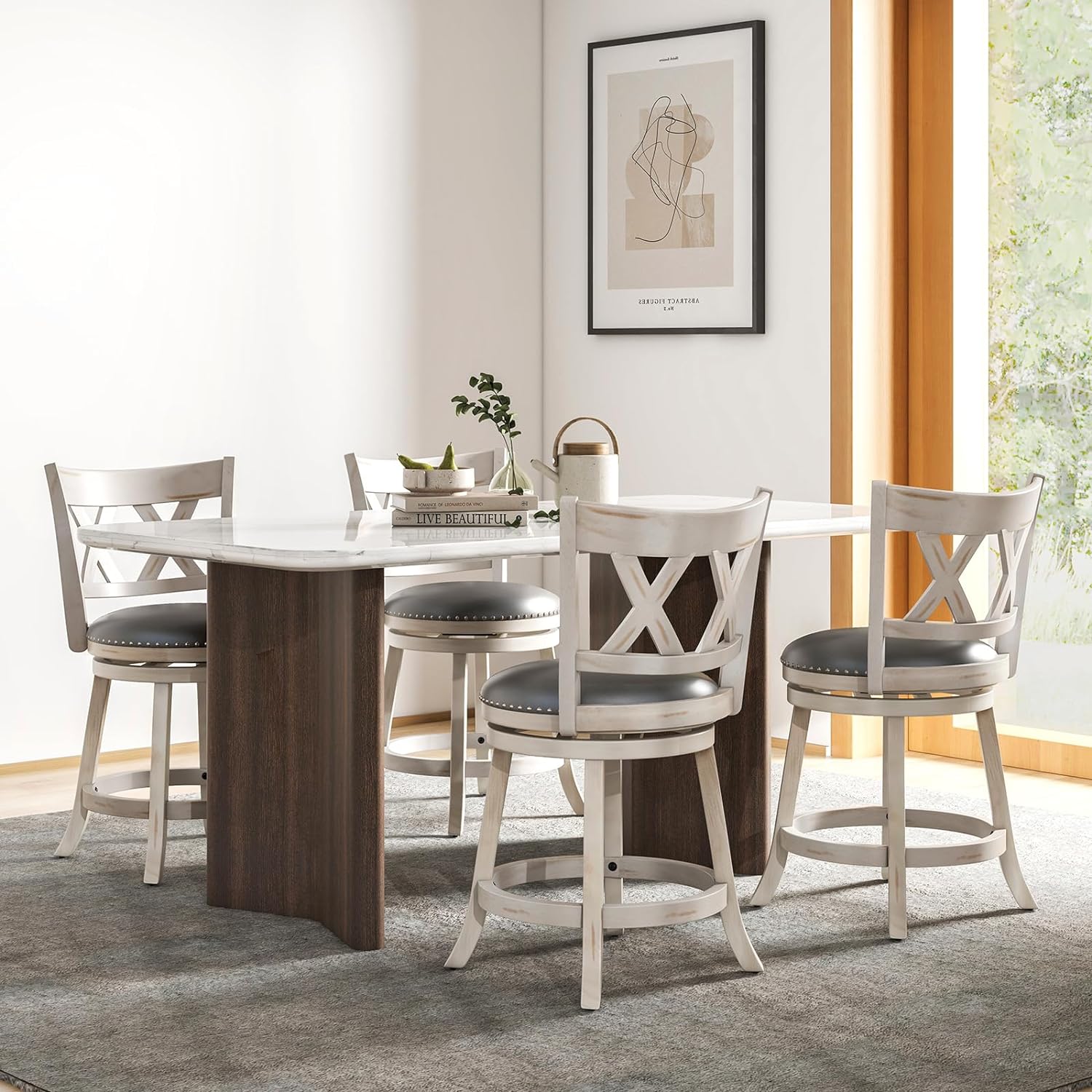 25.5" Bar Stools Set of 2, Swivel Counter Height Stools w/Back, 20" Wide Padded Seat, Rubber Wood Frame, Armless Farmhouse Barstools for Kitchen Island, Café, Pub, Dining Room, Antique White