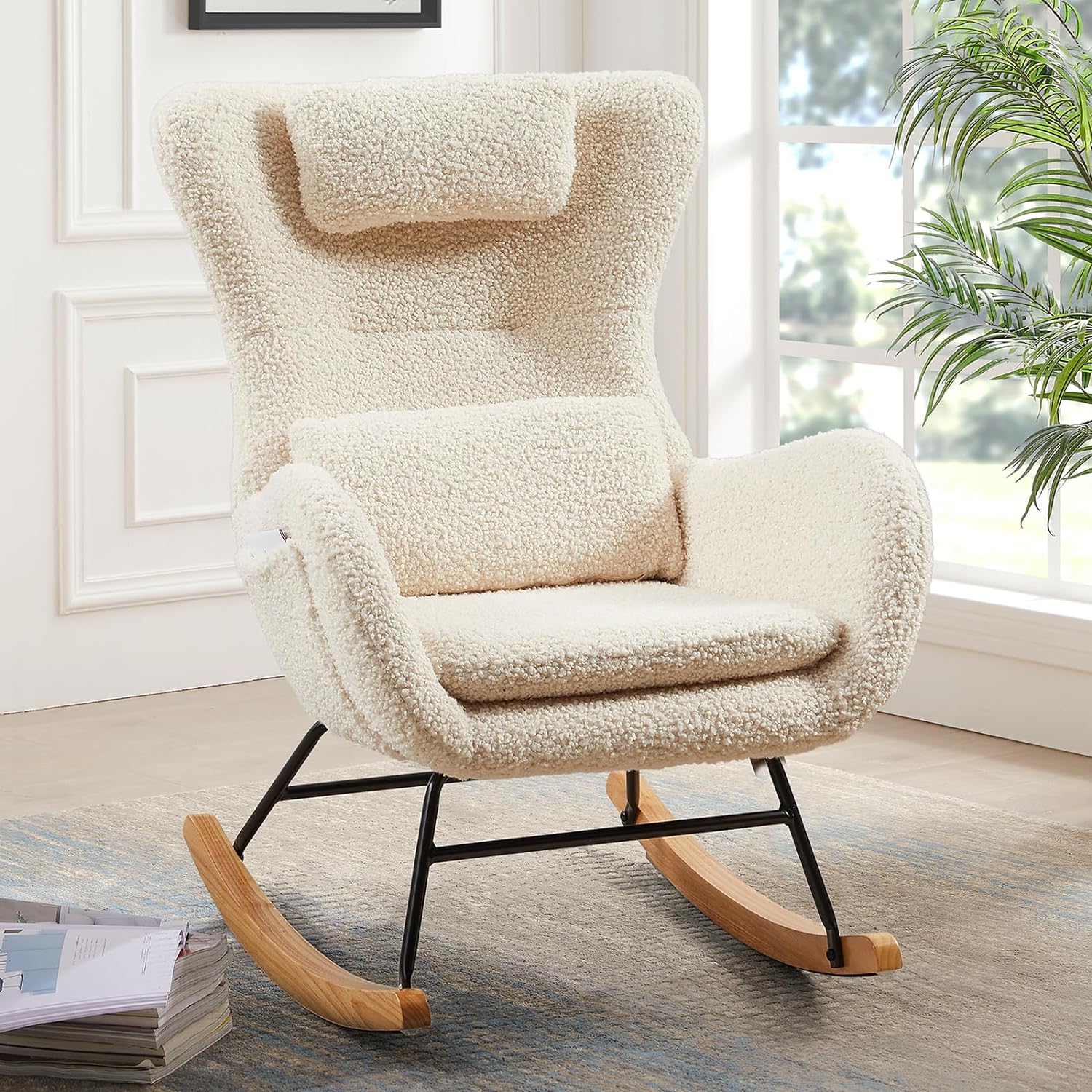 Nursery Rocking Chair, Teddy Upholstered Glider Rocker with Headrest and Lumbar Pillow, High Backrest Rocking Accent Chair with Side Pocket, Comfy Armchair for Living Room (Beige)