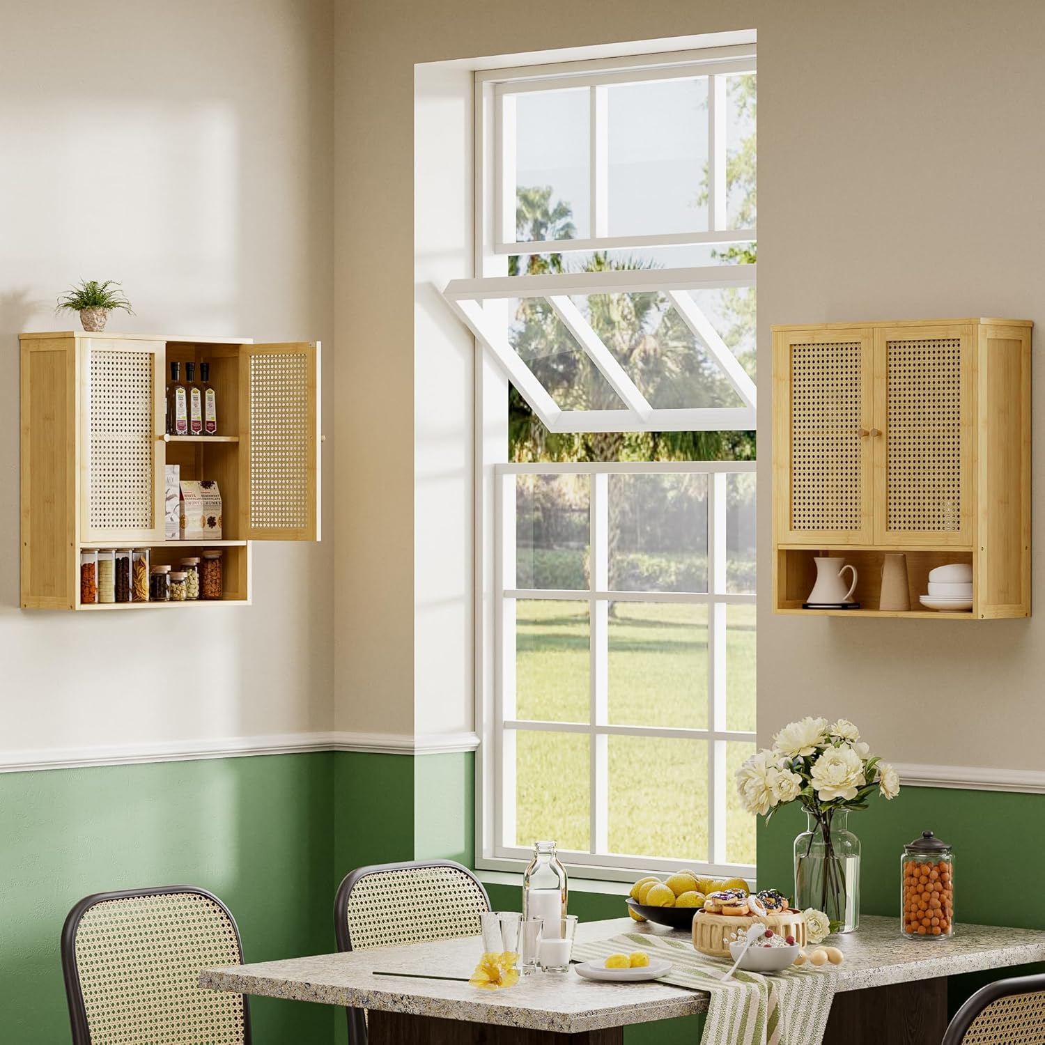 Bathroom Wall Cabinet, Bamboo Over-The-Toilet Storage Organizer with 2 Rattan Doors and Adjustable Shelf