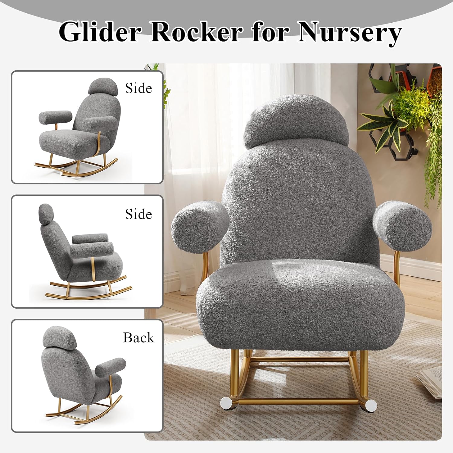 Nursery Rocking Chair, Modern Sherpa Upholstered Fabric Glider Rocker, Rocking Chair for Nursery, Comfy Armchair with High Backrest, Leisure Sofa Chair for Living Room Bedroom (Grey)