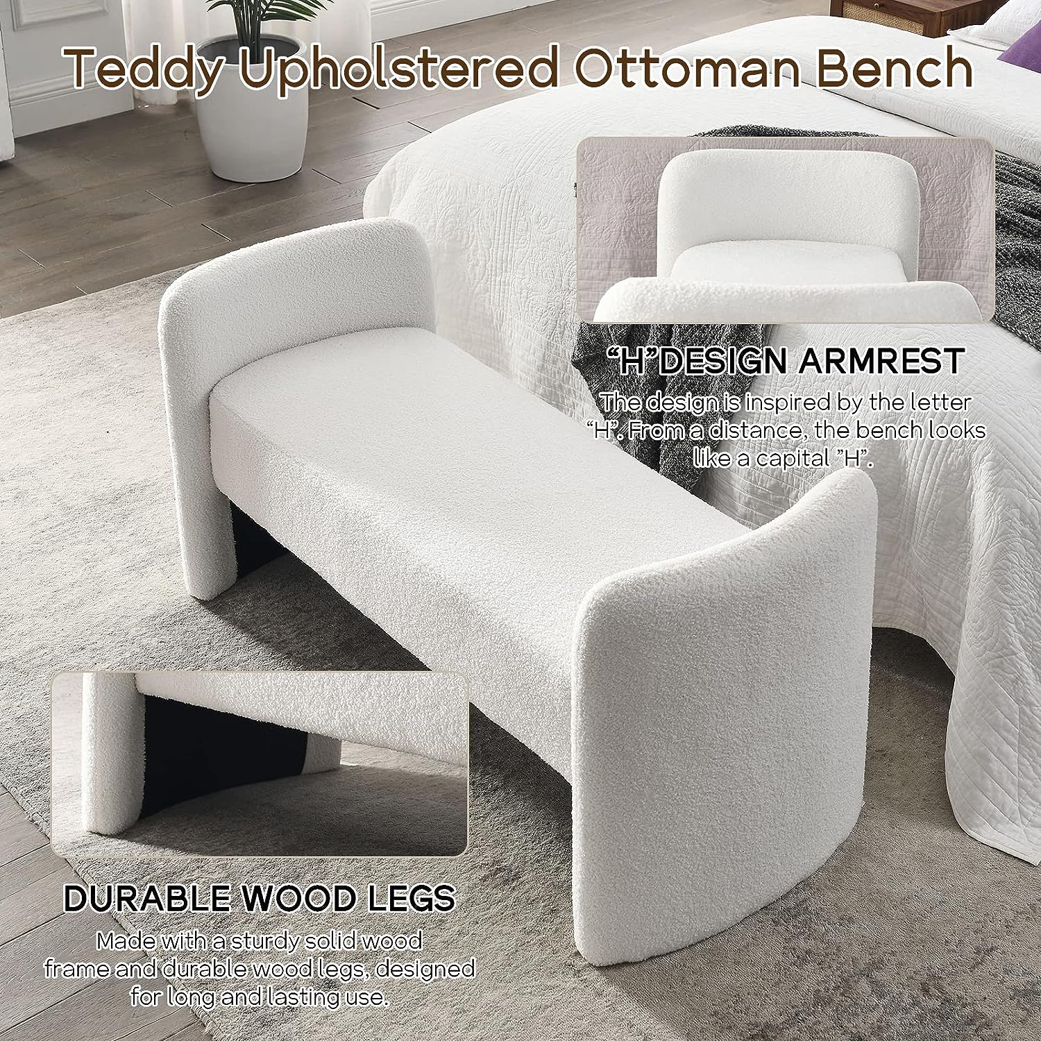 52''Modern Fuzzy Sherpa Upholstered Ottoman Bench, Faux Fur Entryway, Footrest for Bedroom, Living Room, End of Bed, Hallway (White Teddy)