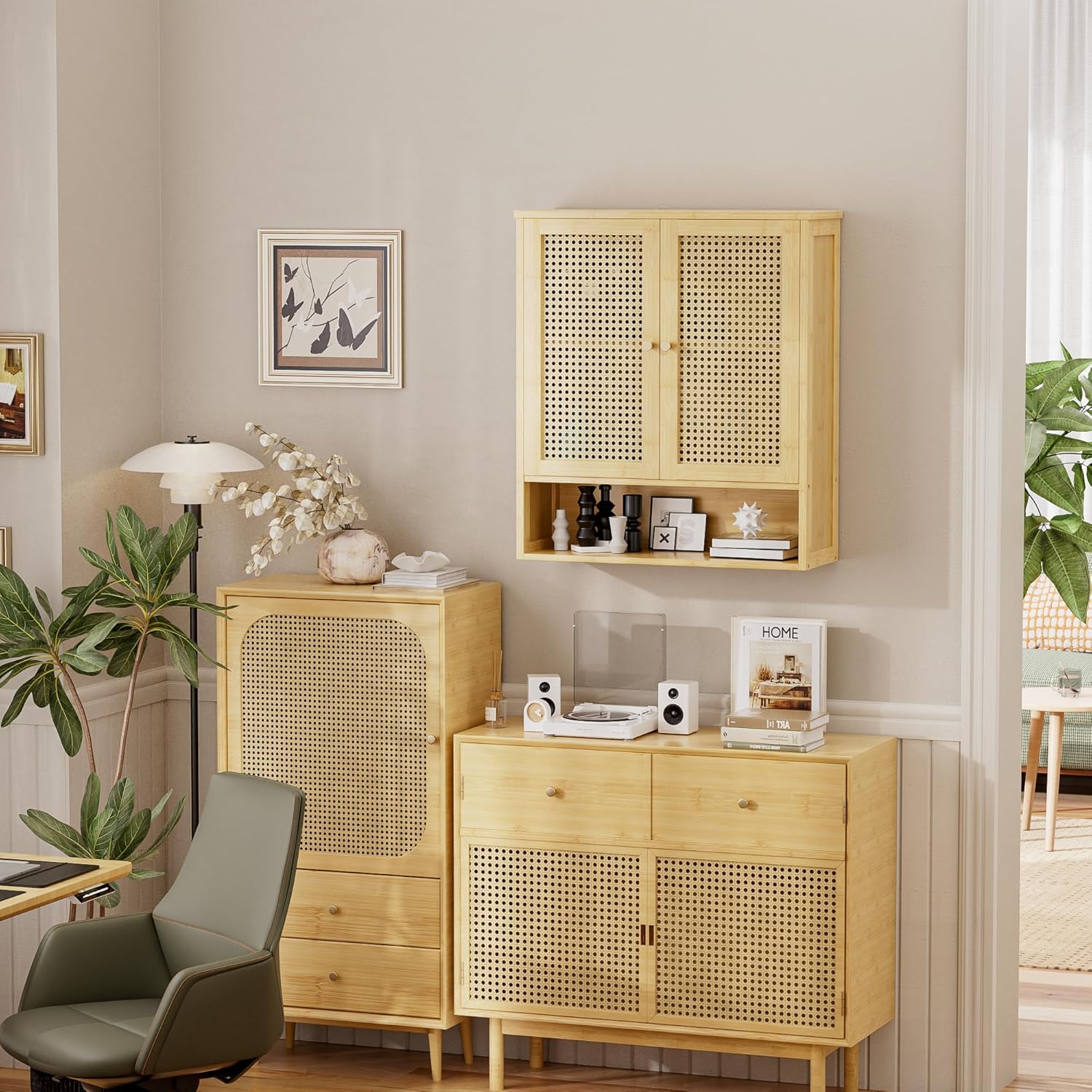 Bathroom Wall Cabinet, Bamboo Over-The-Toilet Storage Organizer with 2 Rattan Doors and Adjustable Shelf