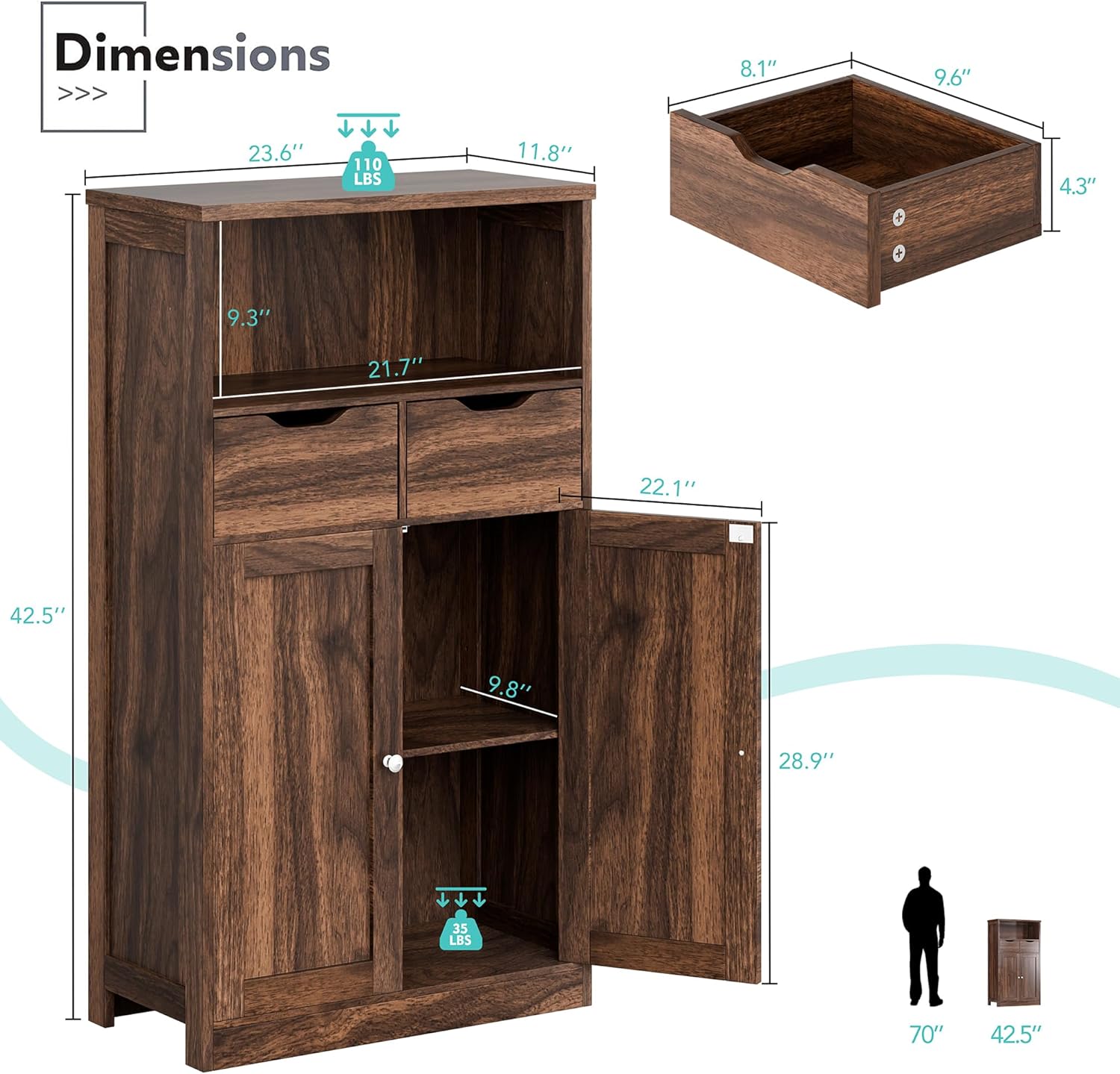 Bathroom Storage Cabinet, Freestanding Pantry Cabinet with 2 Drawers and Adjustable Shelves, Wooden Floor Storage Organizer for Bathroom