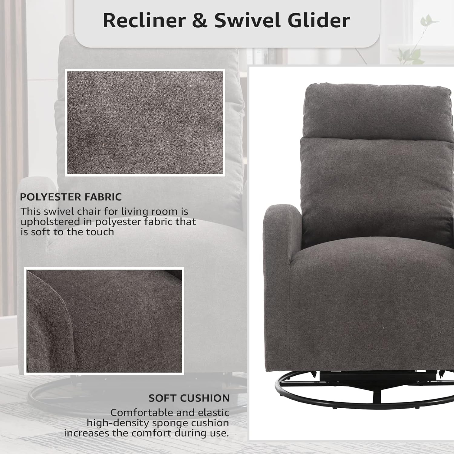 Upholstered Recliner and Swivel Glider, Rocker for Nursery, Rocking Accent Chair Padded Seat with High Backrest and Side Pocket for Living Room (Dark Grey)