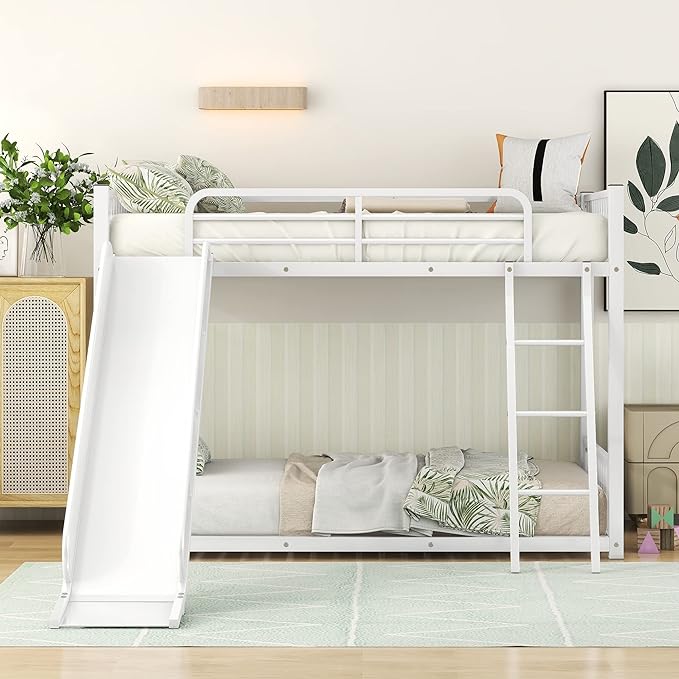 Metal Bunk Beds with Slide Twin Over Twin Low Bunk Bed with Ladder and Slide Buffer for Kids Toddlers Boys Girls Teens, White