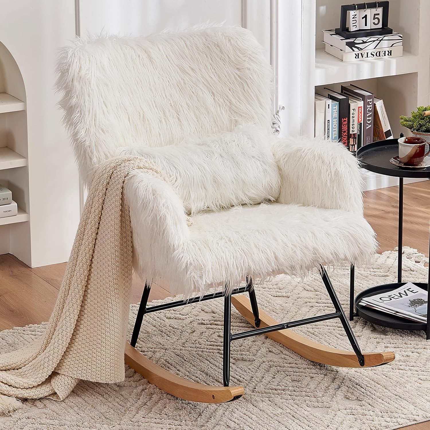 Nursery Rocking Chair, Faux Fur Upholstered Glider Rocker with Lumbar Pillow, High Backrest Rocking Accent Chair, Comfy Armchair for Living Room, Bedroom, Office (White)