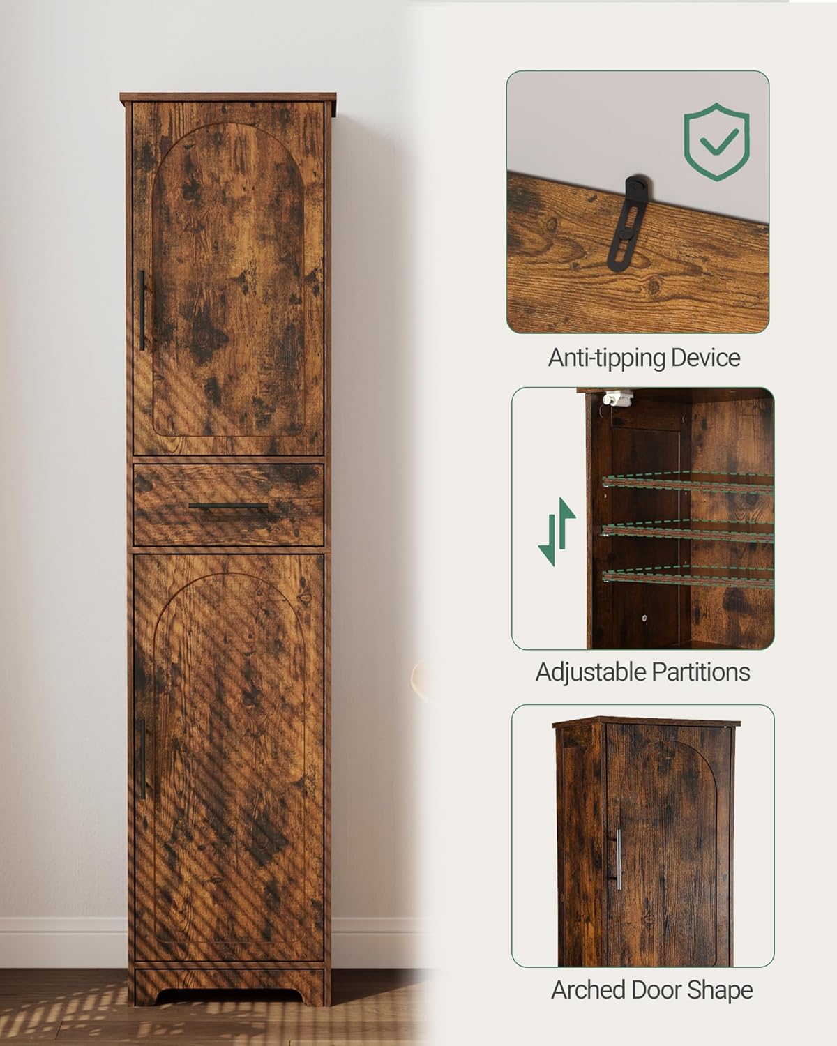 Tall Bathroom Storage Cabinet, Floor Cabinet with 2 Doors, 4 Adjustable Shelves, Narrow Tall Corner Cabinet