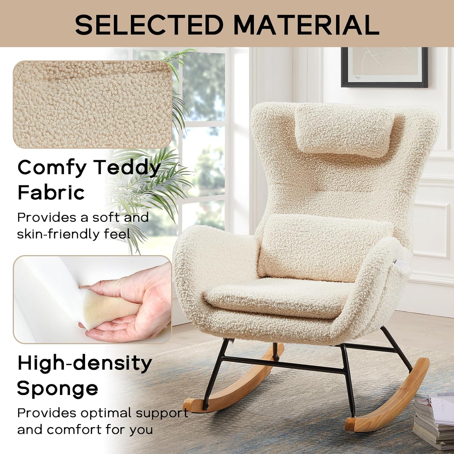 Nursery Rocking Chair, Teddy Upholstered Glider Rocker with Headrest and Lumbar Pillow, High Backrest Rocking Accent Chair with Side Pocket, Comfy Armchair for Living Room (Beige)