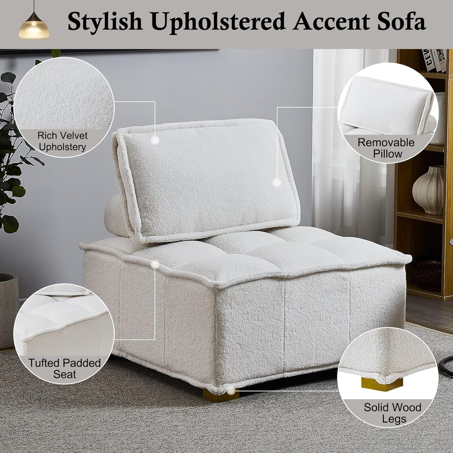 Modern Upholstered Barrel Chair Leisure Sofa Lounge Chair Lazy Sofa Rubber Wood Legs and Pillow Removable Armless Accent Chair for Living Room Corner Chair Bedroom (White Teddy)