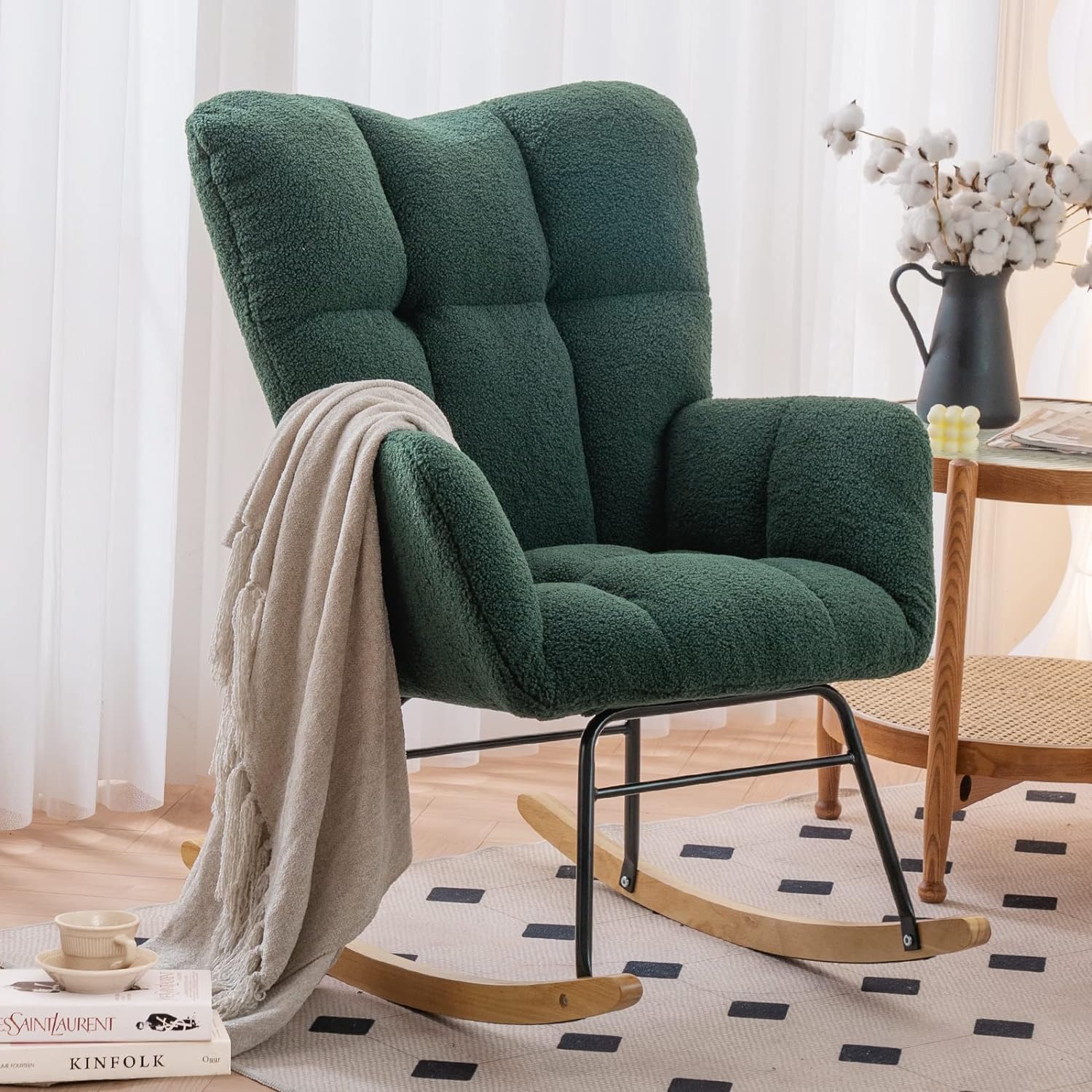 Nursery Rocking Chair Teddy Upholstered Glider Rocker Rocking Accent Chair Padded Seat with High Backrest Armchair Comfy Side Chair for Living Room Bedroom Offices (Green)
