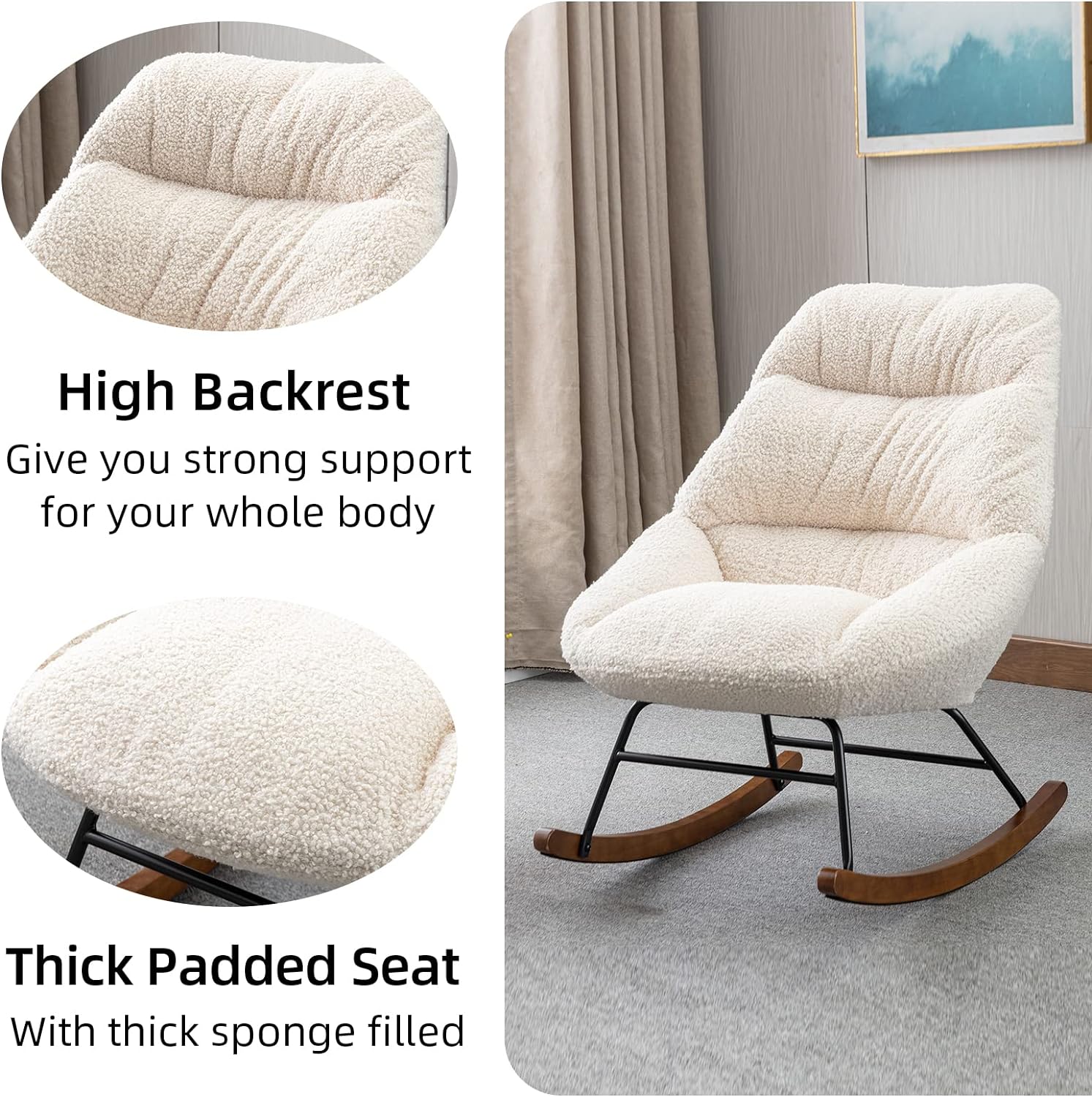 Nursery Rocking Chairs, Accent Rocking Chair with Solid Metal Legs, Upholstered Velvet Glider Rockers with High Backrests for Mom, Gifts, Living Room, Bedroom (Beige Boucle)