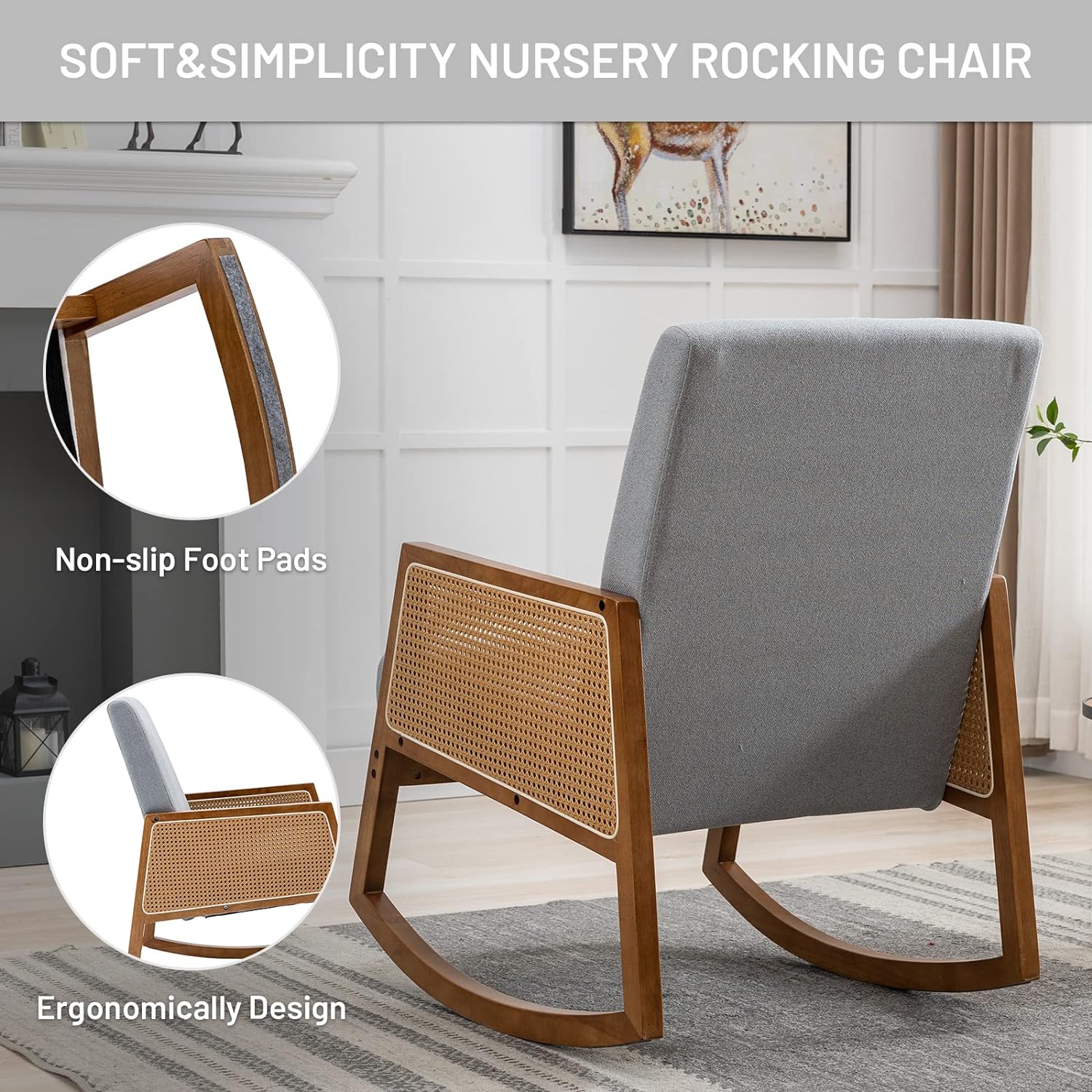 Nursery Rocking Chair with Wood Frames, Mid Century Upholstered Farmhouse Living Room Armchair, Comfy Glider Rocker for Nursery Living Room Bedroom Reading Indoor (Light Grey)