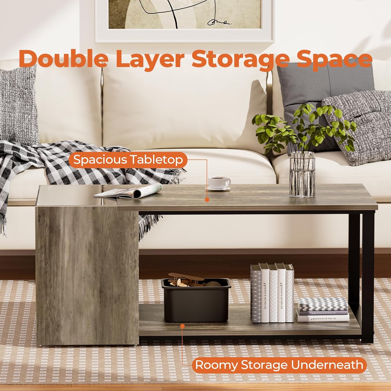 Coffee Table for Small Living Room, Modern Center Tables with Storage 35.4 Inch